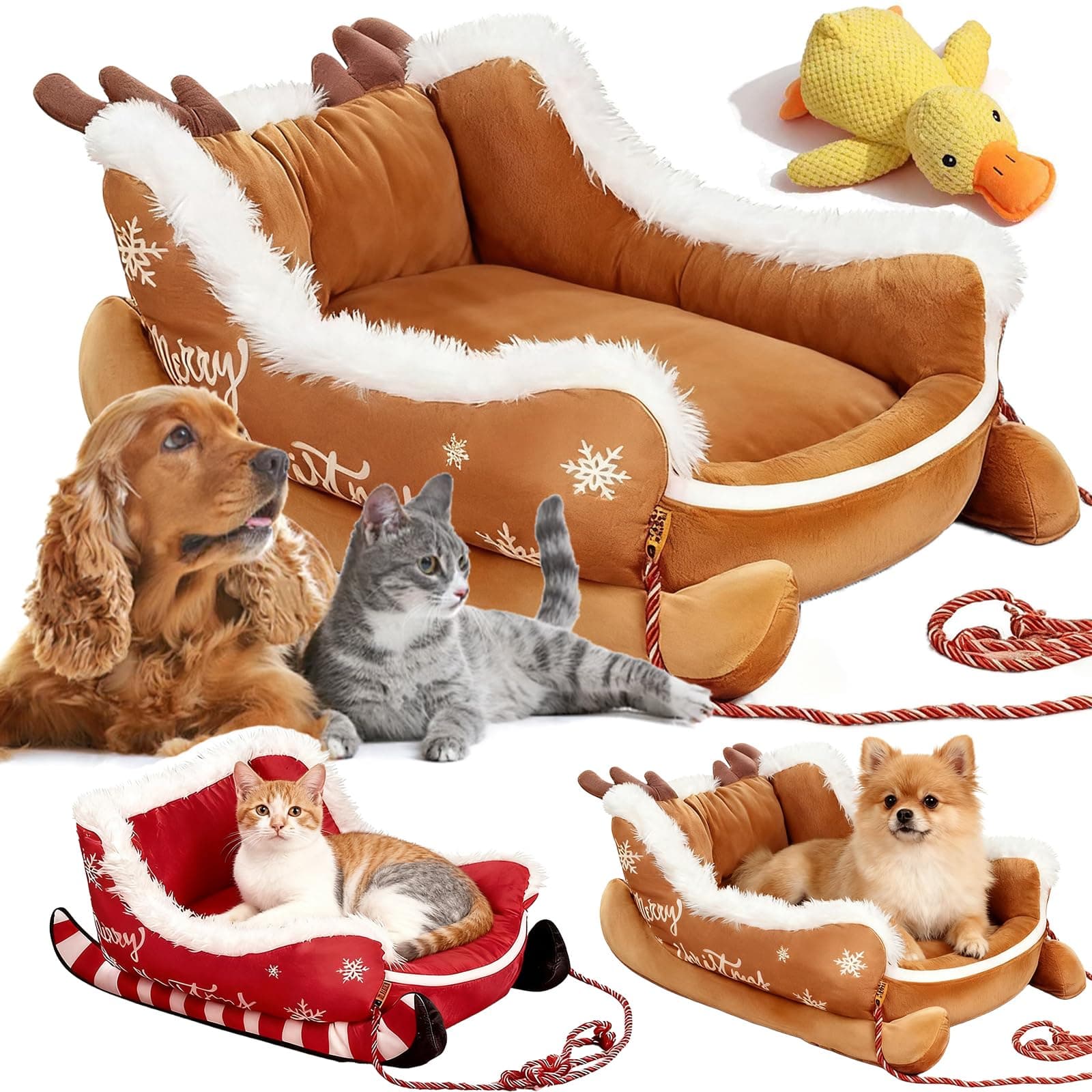 Christmas Sleigh Dog Bed, 2026 New Funny Santa Sleigh Pet Warm Bed with Non-Slip Base, Removable & Washable Plush Pet Warm Sofa, Dog Sleigh Bed for Cat and Dogs (A-M(25.6 * 20.5 * 11.8in))