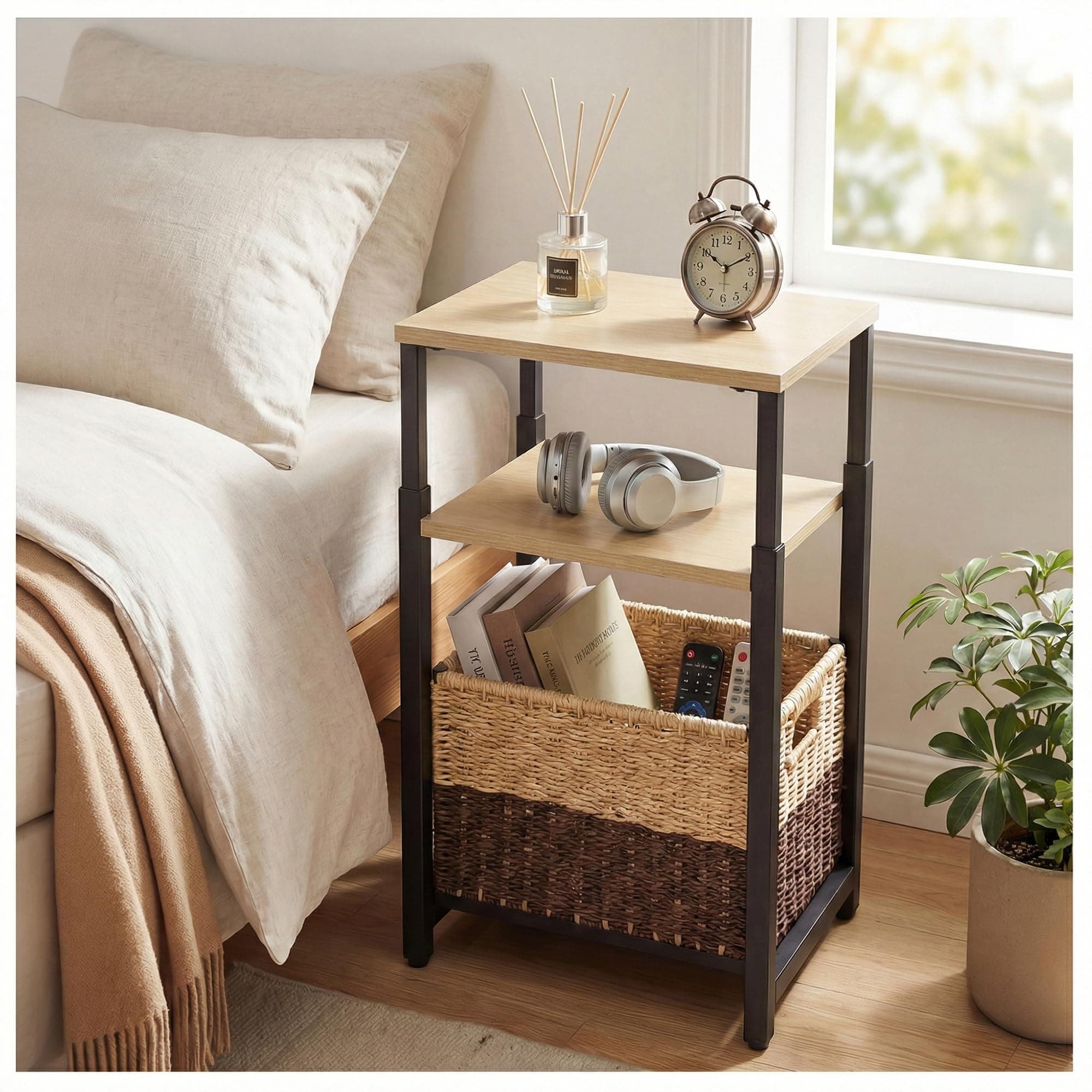 HOMELA Tall Nightstand for Living Room, Bedroom, Office, Bathroom(Light Brown + Classic Black)