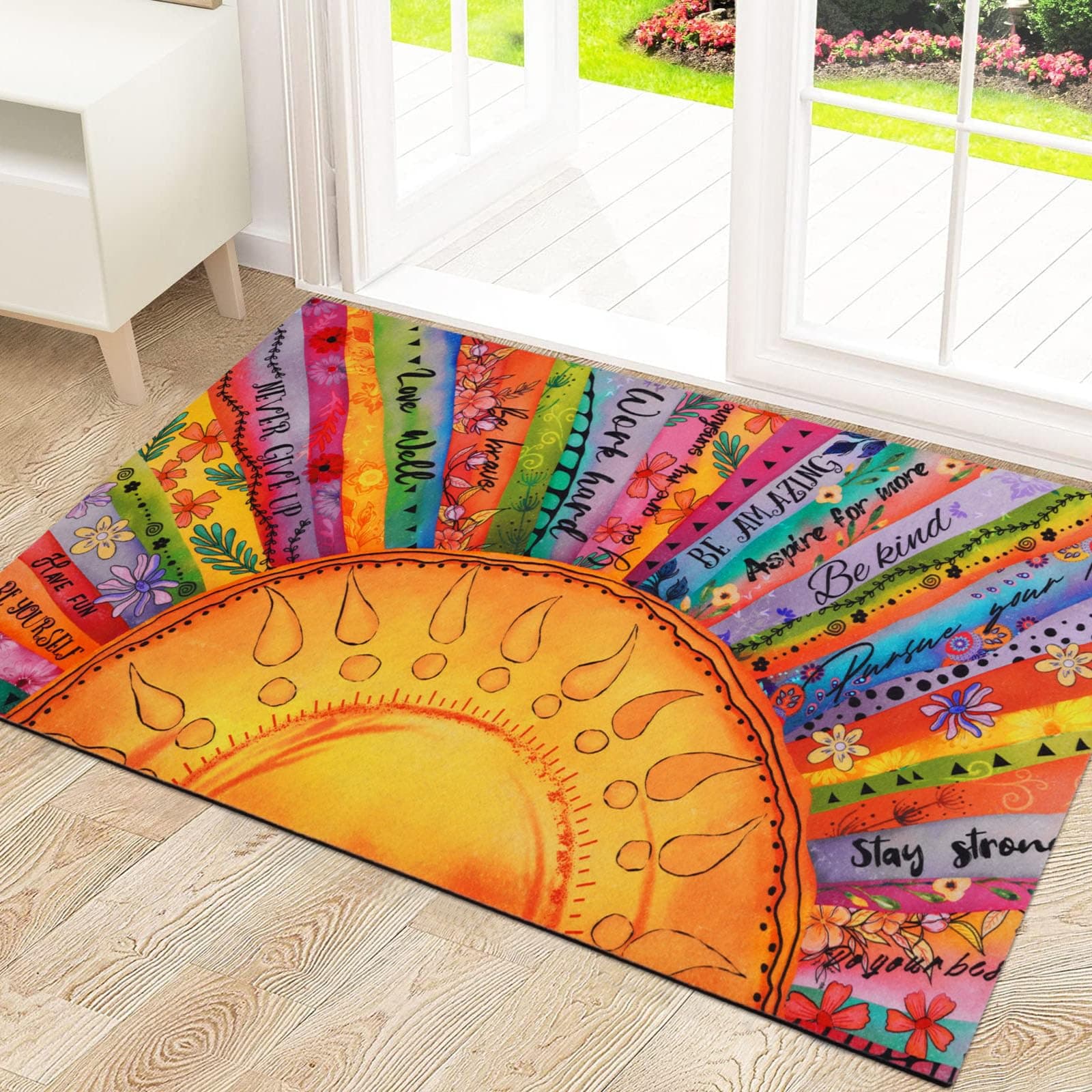 Likiyol Boho Sun Door Mat Outdoor Indoor, Colorful Floral Doormat with Inspirational Quotes for Front Door, Entryway, Non Slip Washable Rubber Door Rug, Low Profile, Absorbent, 18'' x 30''