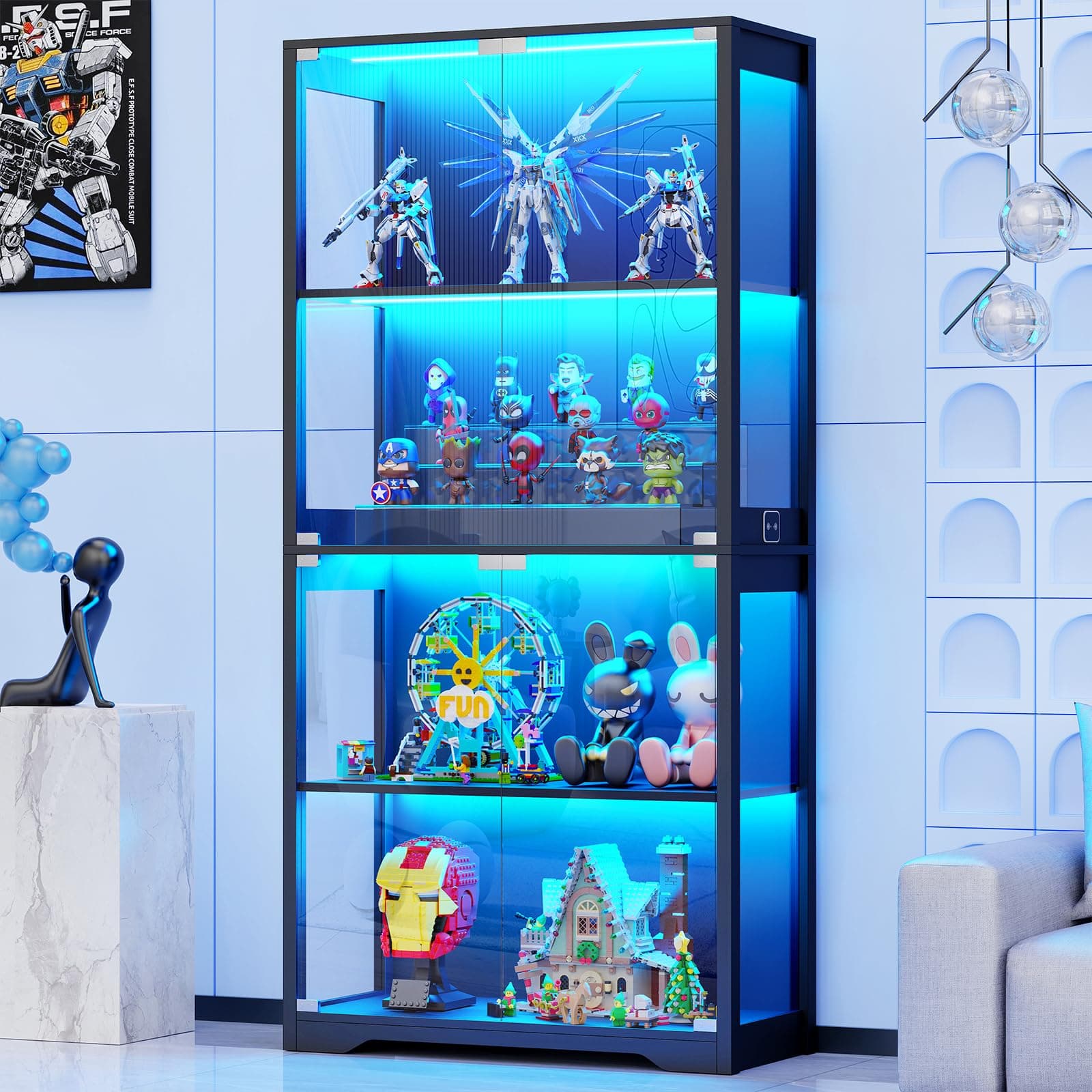 BROTTAR Display Cabinet with Glass Doors, 4-Tier Curio Cabinet with 3 Color Lights for Collectibles, Glass Display Case with Human Body Sensor, Storage Cabinet, Black
