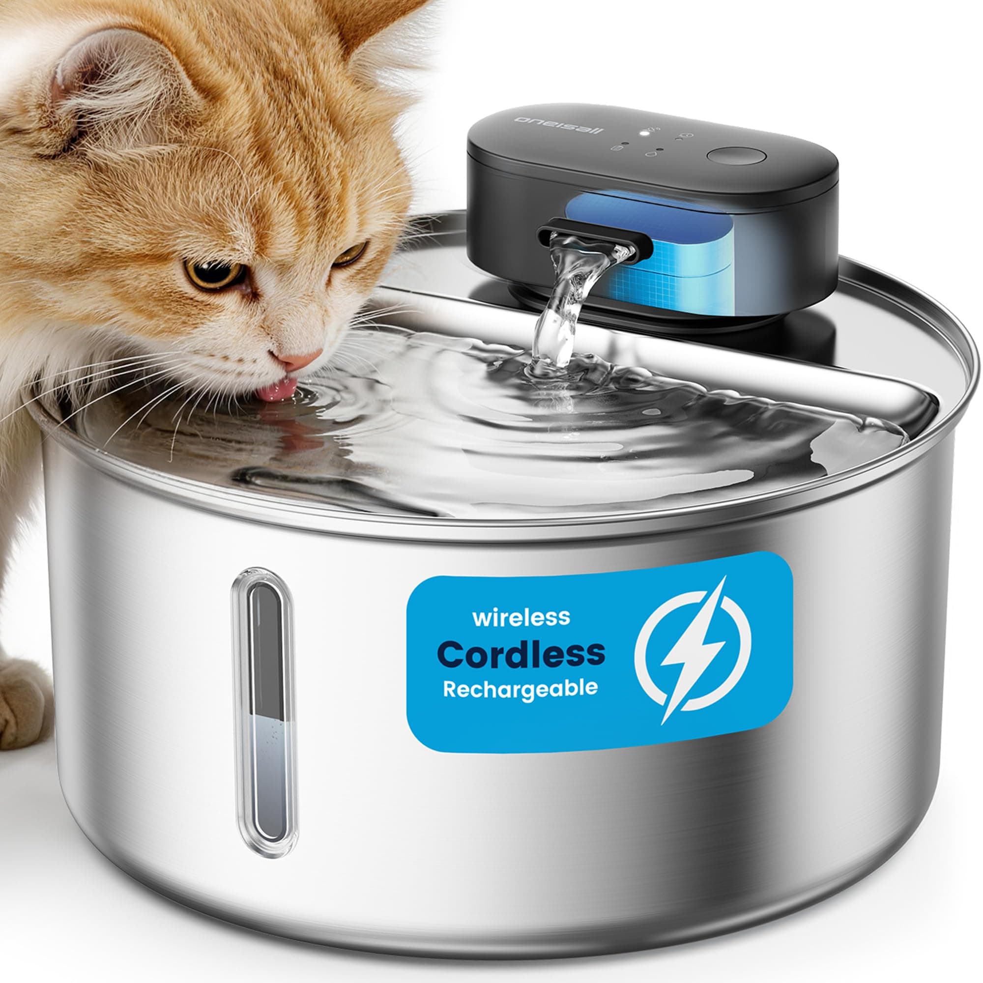 oneisall 3.2L Wireless Stainless Steel Cat Water Fountain for Cats Pet,PW14
