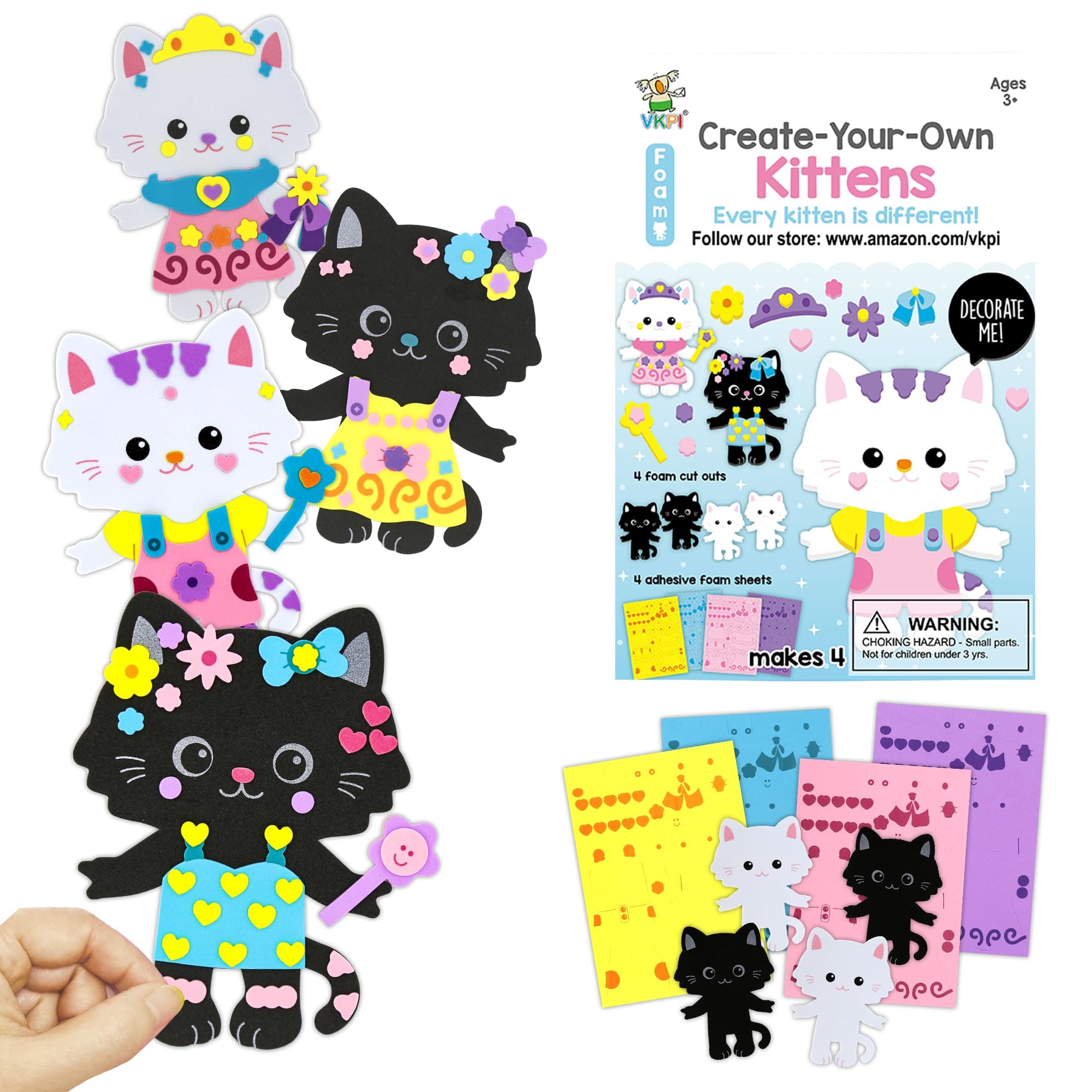 VKPI 4 Pieces Cats Foam Art Crafts Gift Kit, Creative Make Your Own Kittens, Cartoon Foam Paper Craft Projects for Kids Ages 4+ Toddler, Preschool Learning Toy for Birthday Party Favor Supplies