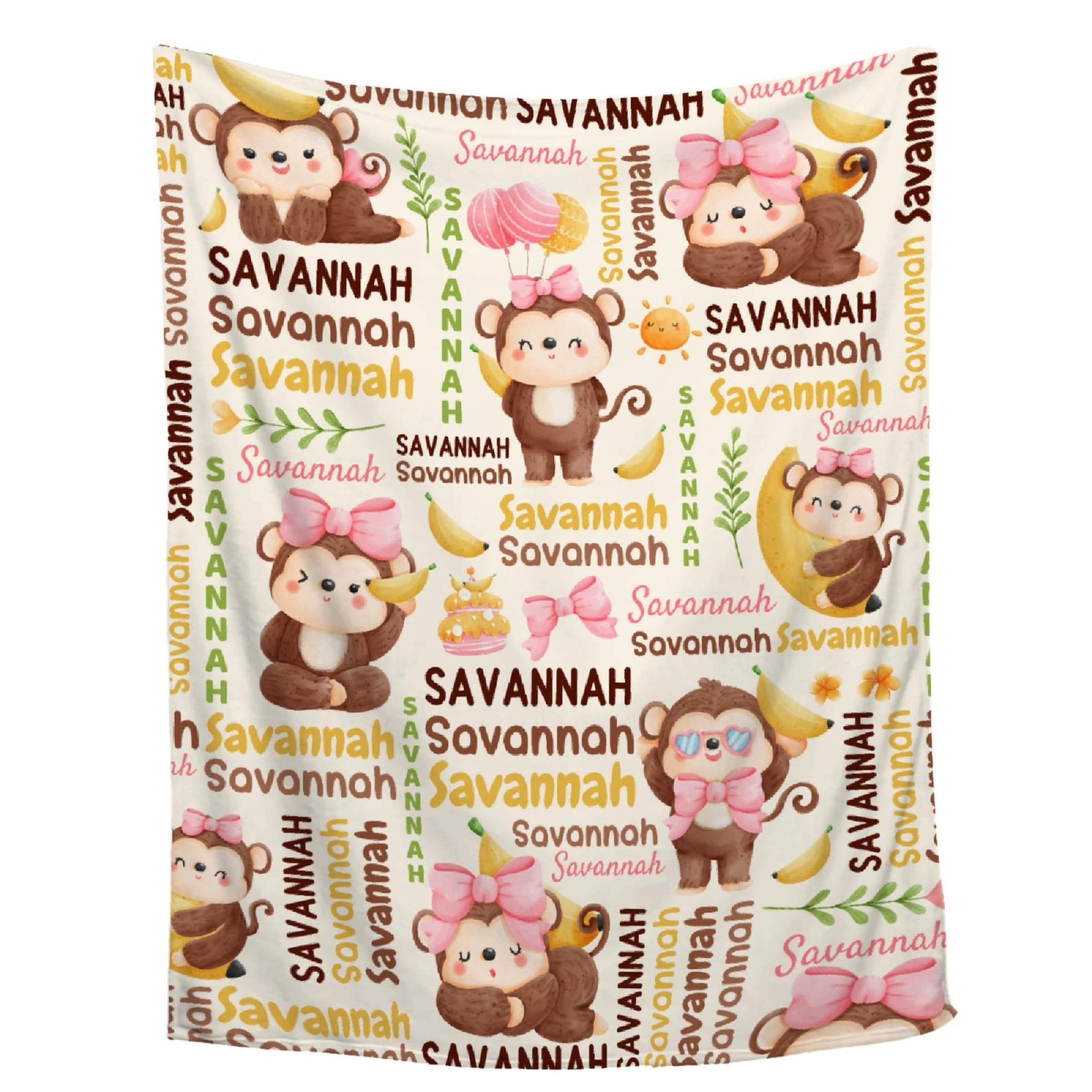 Custom Monkey Baby Blanket, Personalized with Name, Toddler Size 30"x40"