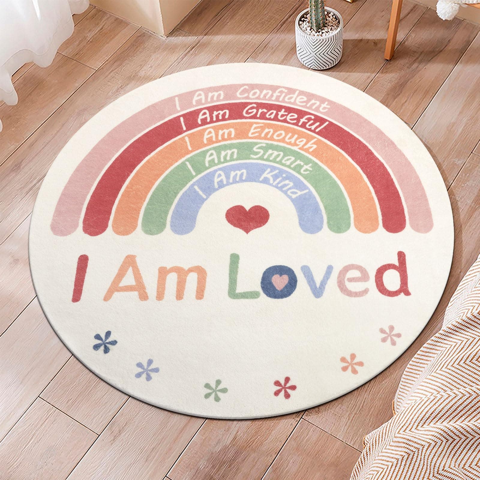 Topotdor Boho Rainbow Round Rug,Washable Kids Rug Ultra Soft Colorful Nursery Rug for Calming Corner Home Bedroom Playroom Decor,47" Round