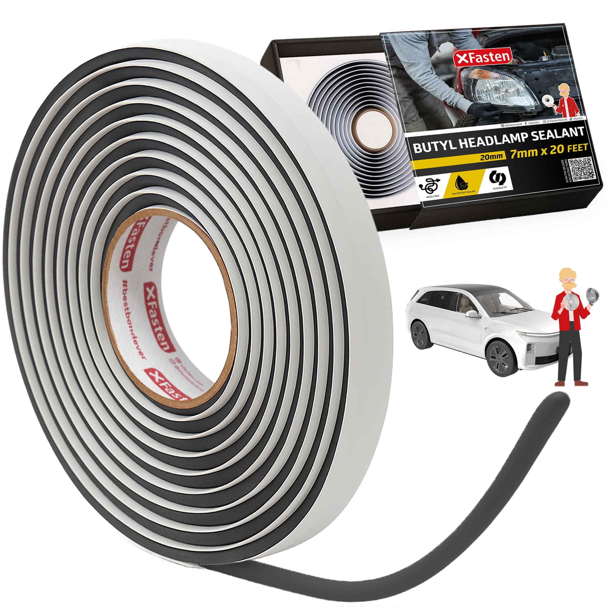 XFasten Butyl Headlamp Sealant, 7 millimeters x 20 Feet, 7 millimeters Thick, OEM Grade Automotive Rubber Butyl Rope Tape for Headlamp, Headlight, Windshield, Window, and Pool Light Sealant Tape