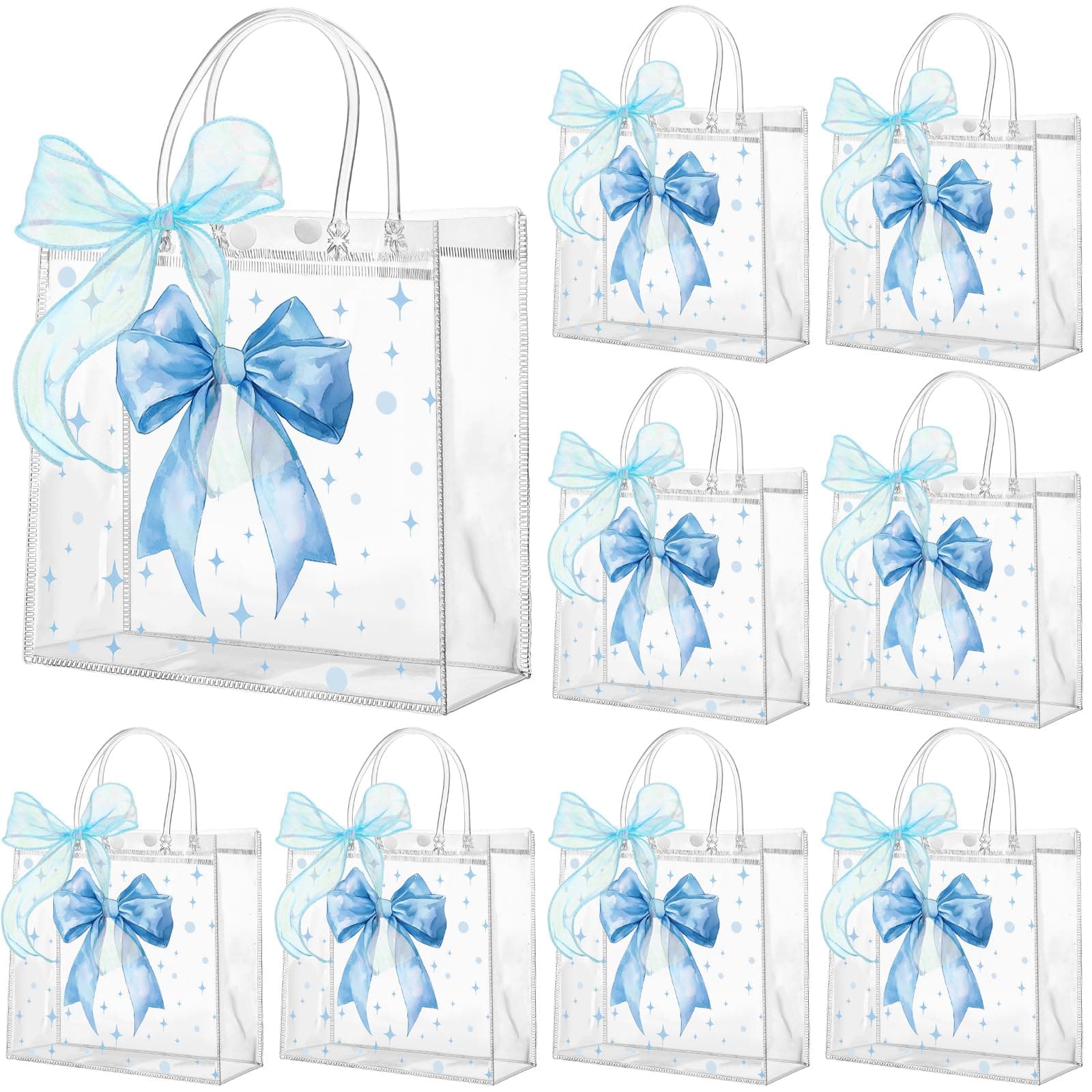 Wesnoy 24 Pcs Blue Bow Clear PVC Gift Bags with Handle Ribbons for Party