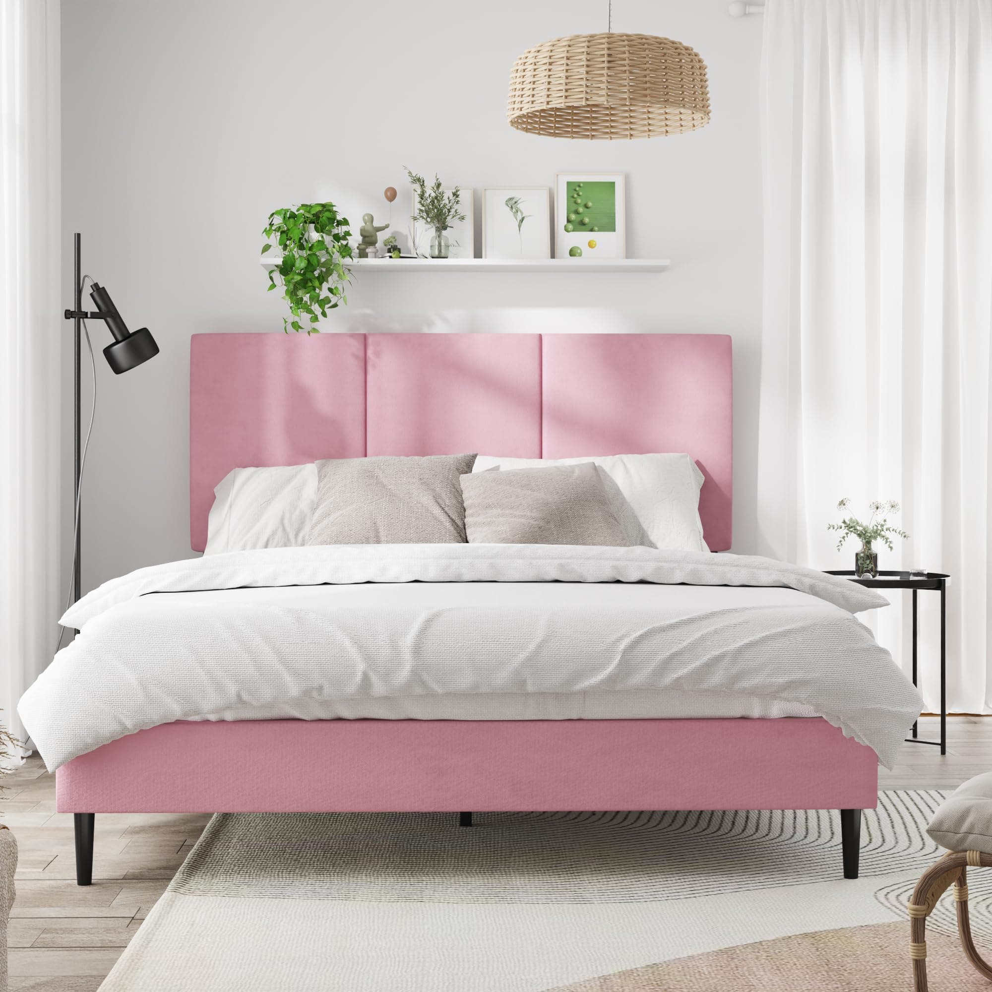 IOILORI Full Size Bed Frame with Headboard, Vertical Channel Tufted Platform Bed, Metal Frame, No Box Spring Needed, Beige (Pink, Full)