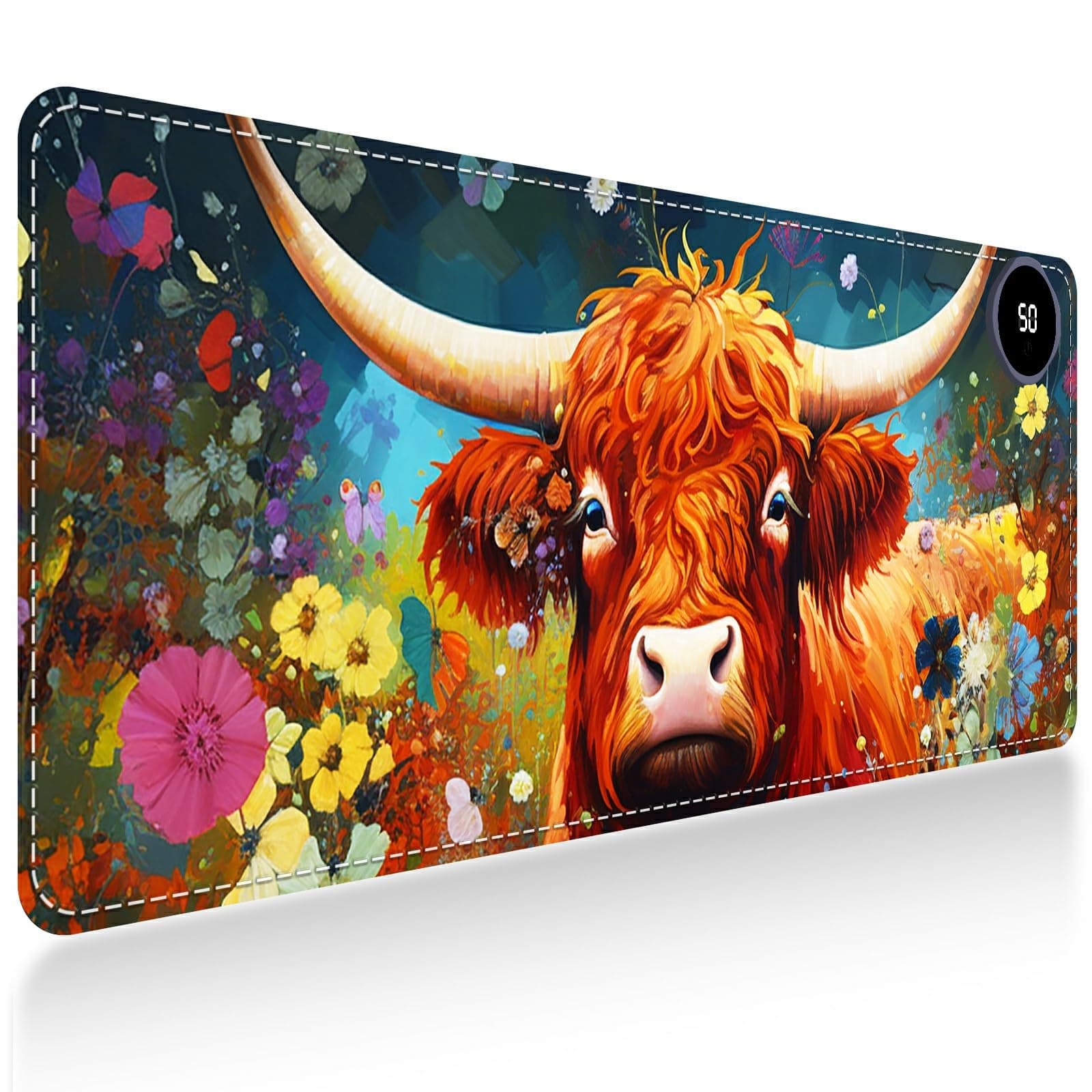 DIGTIALL Heated Mouse Pad,Warm Desk Pad, Heated Desk Mat, 23.62 x 14.17 inch PU Leather Warmer Keyboard Mat with 3 Levels Heating and Auto Shut-Off for Home Office,Cow and Flowers