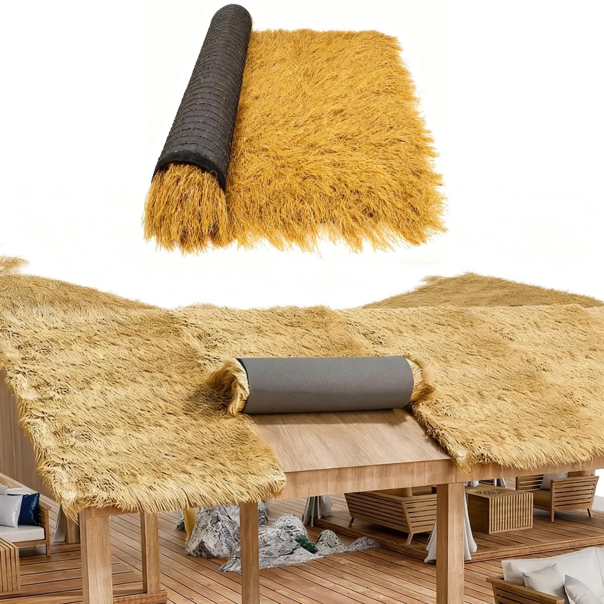 XLX TURF Artificial Thatch Grass Roll 15.74" x4', Easter Hay Bales Materia, Fireproof Fake Hay Tiki Straw Roof Decor Fence Patio Garden, Mexican Palm Palapa Thatch Roofing
