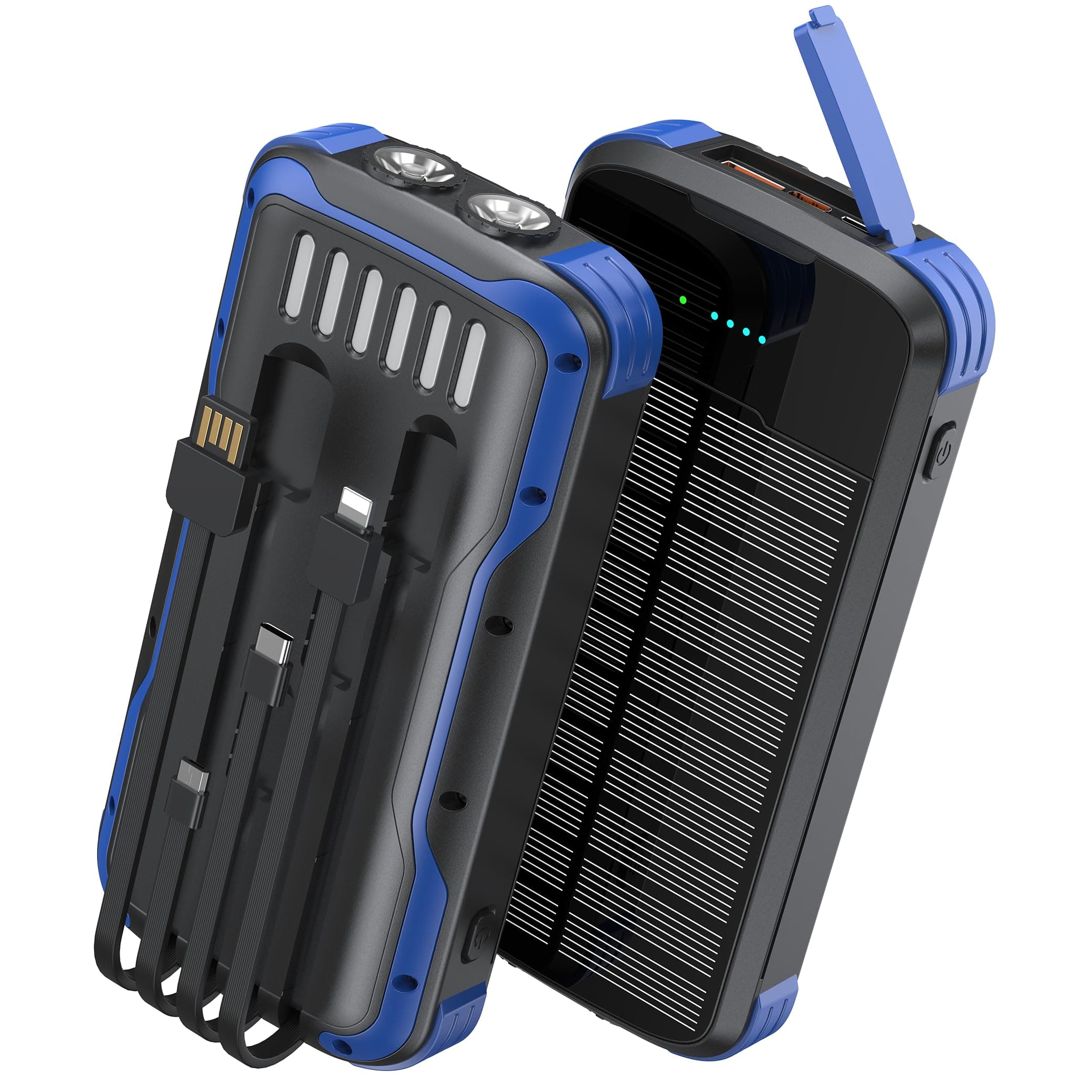SOXONO Solar Charger Power Bank, PD 20W Fast Charging External Batter, 40000mAh Portable Phone Charger Built in 4 Cables with Dual Bright Flashlights for Camping, Hiking, and Outdoor Use (Blue)