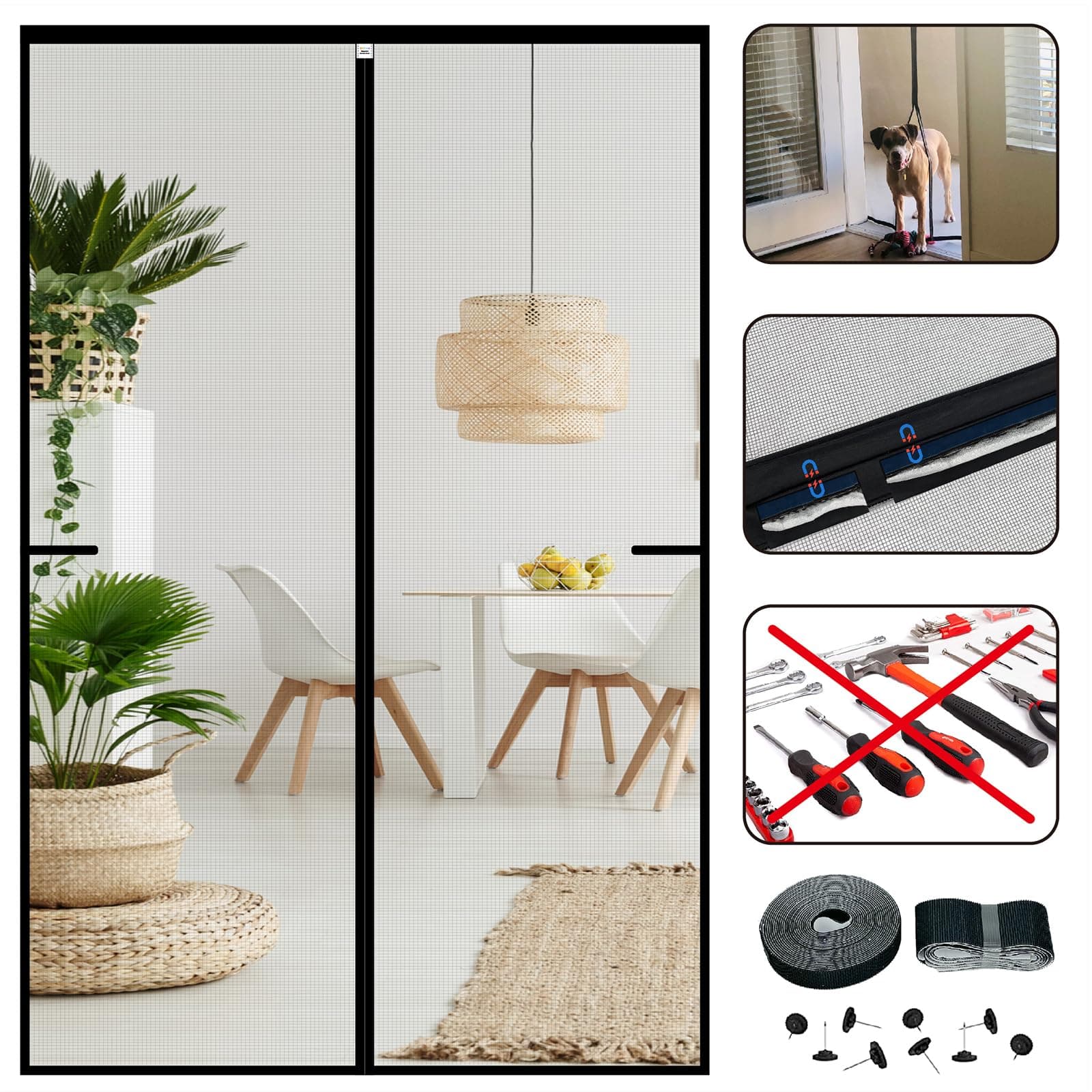 CHIYUNS Magnetic Screen Door Mesh, Fit Door Size 36 x 96 Inch, Grey Fiberglass Door Screen Magnetic Closure with Full Frame Hook&Loop, Heavy Duty, Self Sealing, Keep Bugs Out, Pet and Kid Friendly