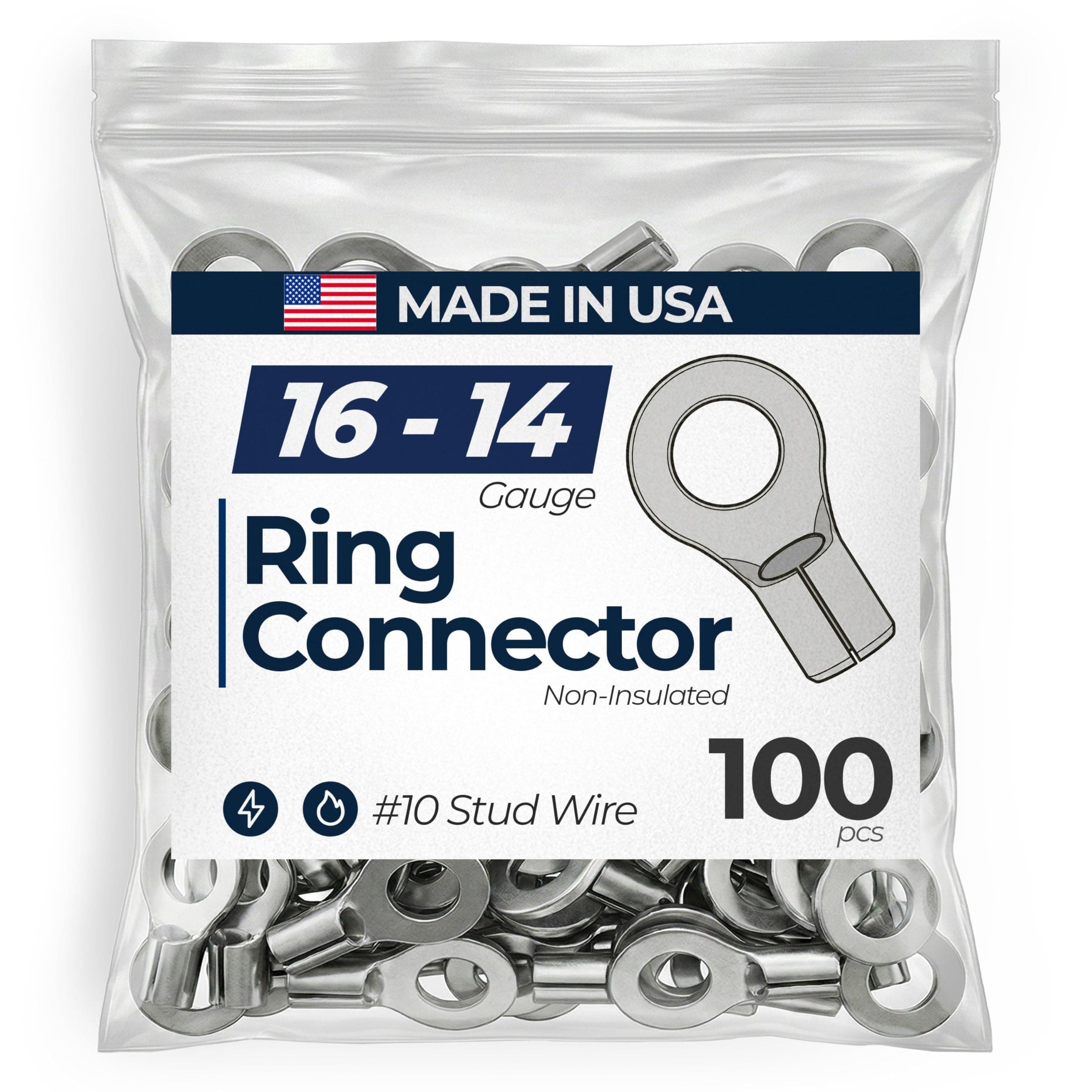 (100) Non-Insulated 16-14 AWG Gauge Ring Connector #10 Stud Electrical Wire Terminal - USA
