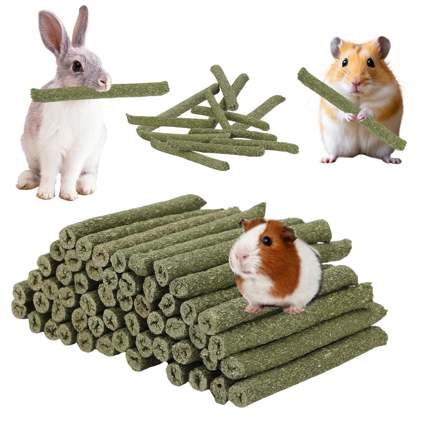 100PCS Timothy Hay Sticks for Rabbits Guinea Pigs Chinchillas Chew Treats, Natural Timothy Grass Molar Teeth Stick Bunny Chew Toys for Rabbits Chinchillas Guinea Pigs Hamsters Rodents