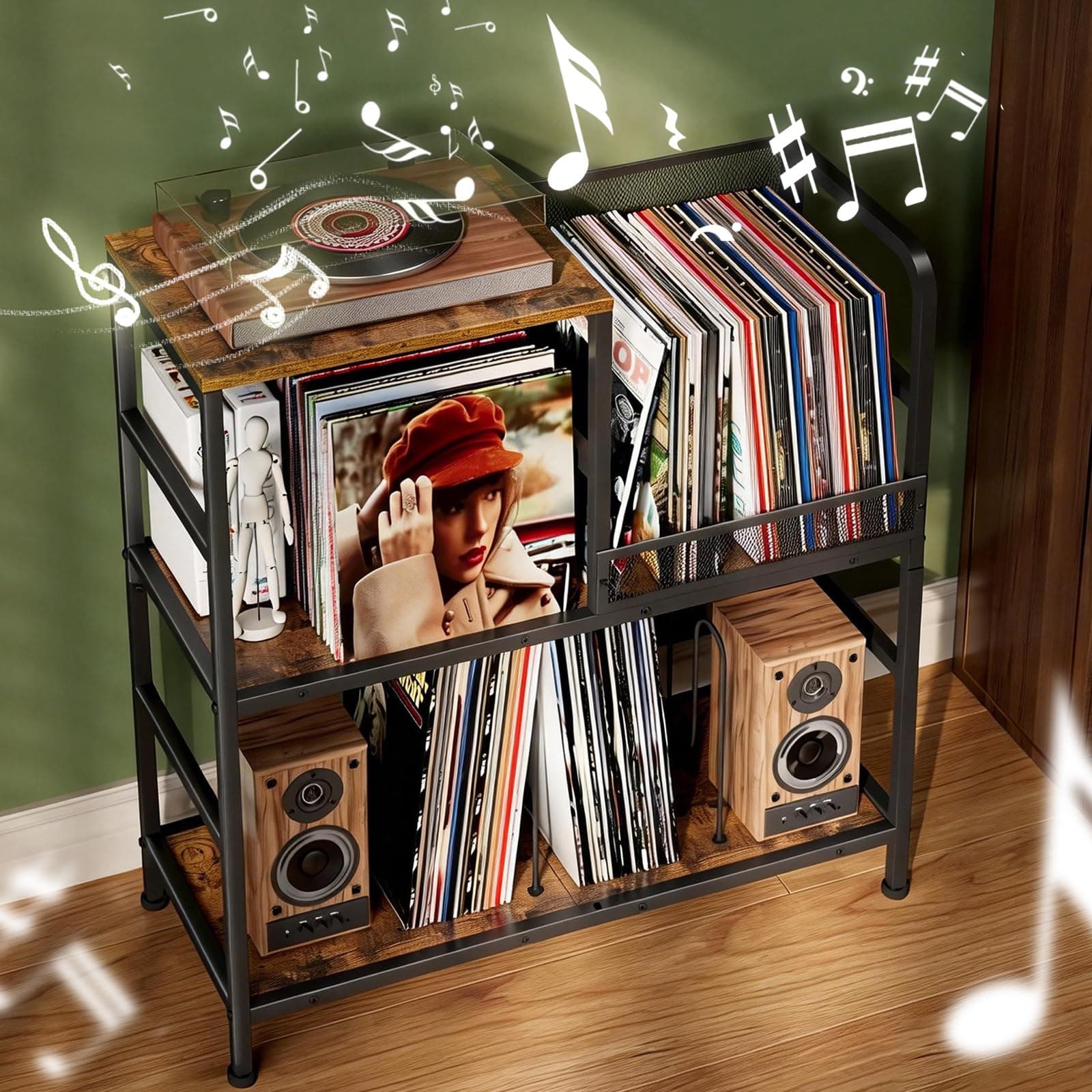 Huxitocan Record Player Stand Holds Up to 150 Albums with 4 Adjustable Divider for Turntable Stand, Vintage Record Player Table, End Table Vinyl Record Holder