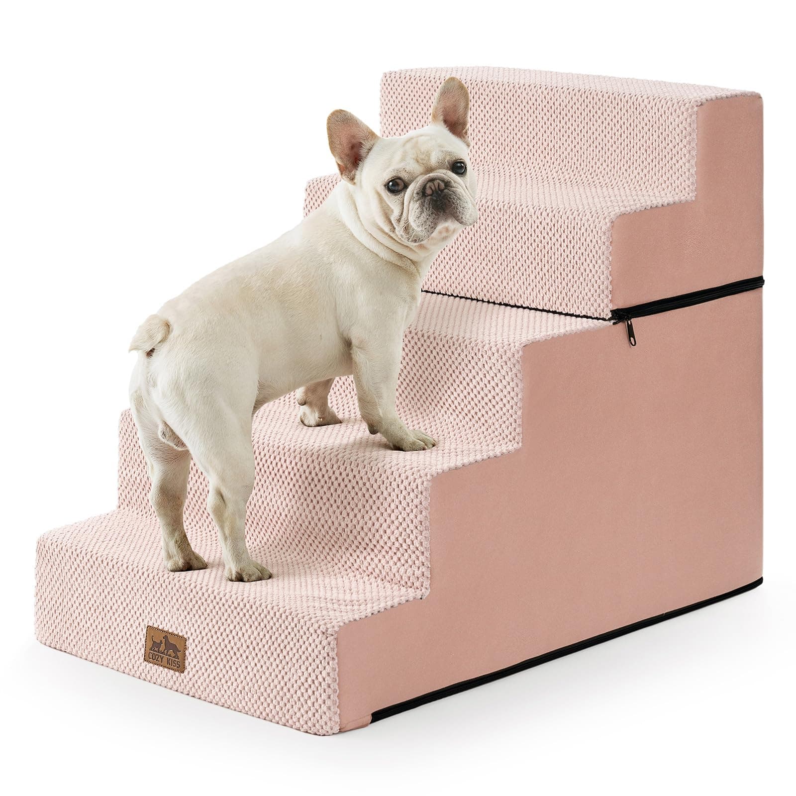COZY KISS Dog Stairs for Small Dogs, 45cm Extra Wide Detachable 5-Step Pet Stairs for Bed and Couch, 60cm H Non-Slip Dog Steps for Puppies and Old Cats, 45x75x60 cm, Pink