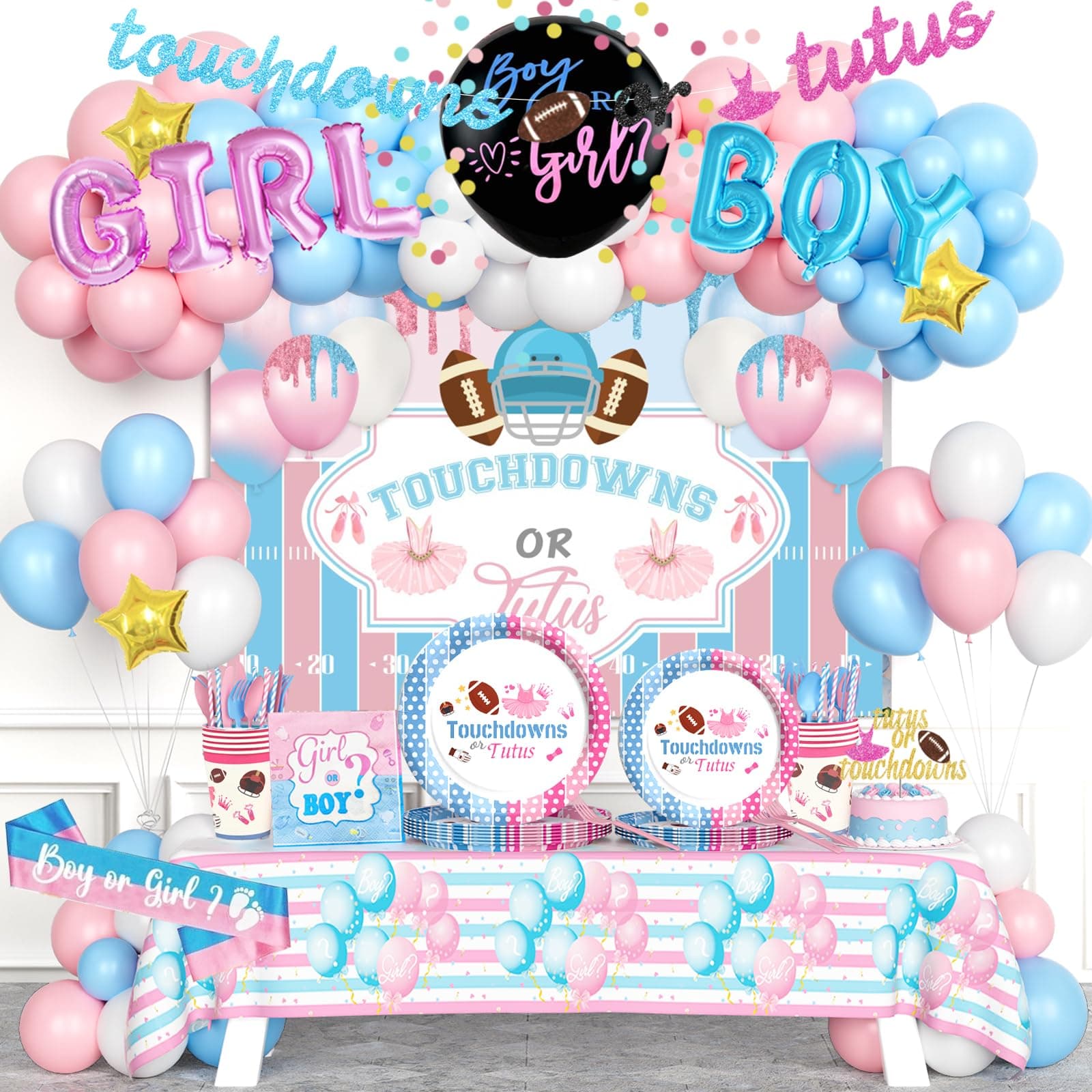 Fiesec Touchdowns or Tutus Gender Reveal Decorations, Pink Blue Boy or Girl Party Supplies Backdrop Banner Balloon Garland Tablecloth Cake Topper Plate Napkin Cup Straw Knife Spoon Fork Sash 230 PCs