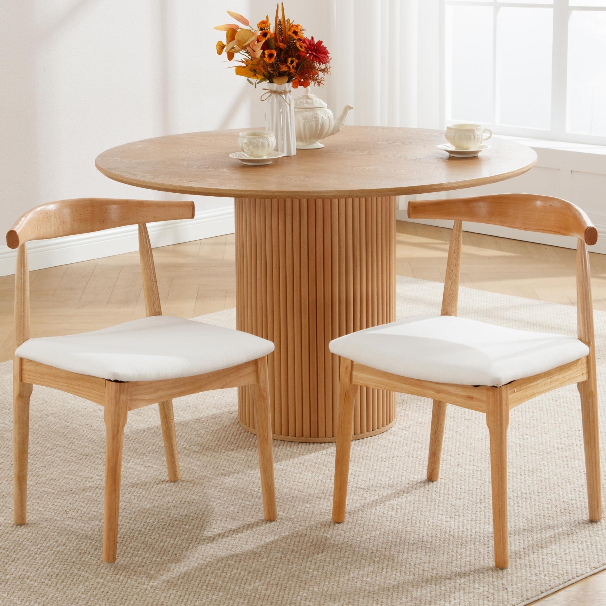 Shunzhi Wood Dining Chairs Set of 2 Modern Kitchen Chairs Barrel Dining Room Chairs with Linen Cushion, Mid-Century Wishbone Dining Chairs with Curved Back for Restaurants/Cafes, Natural Wood