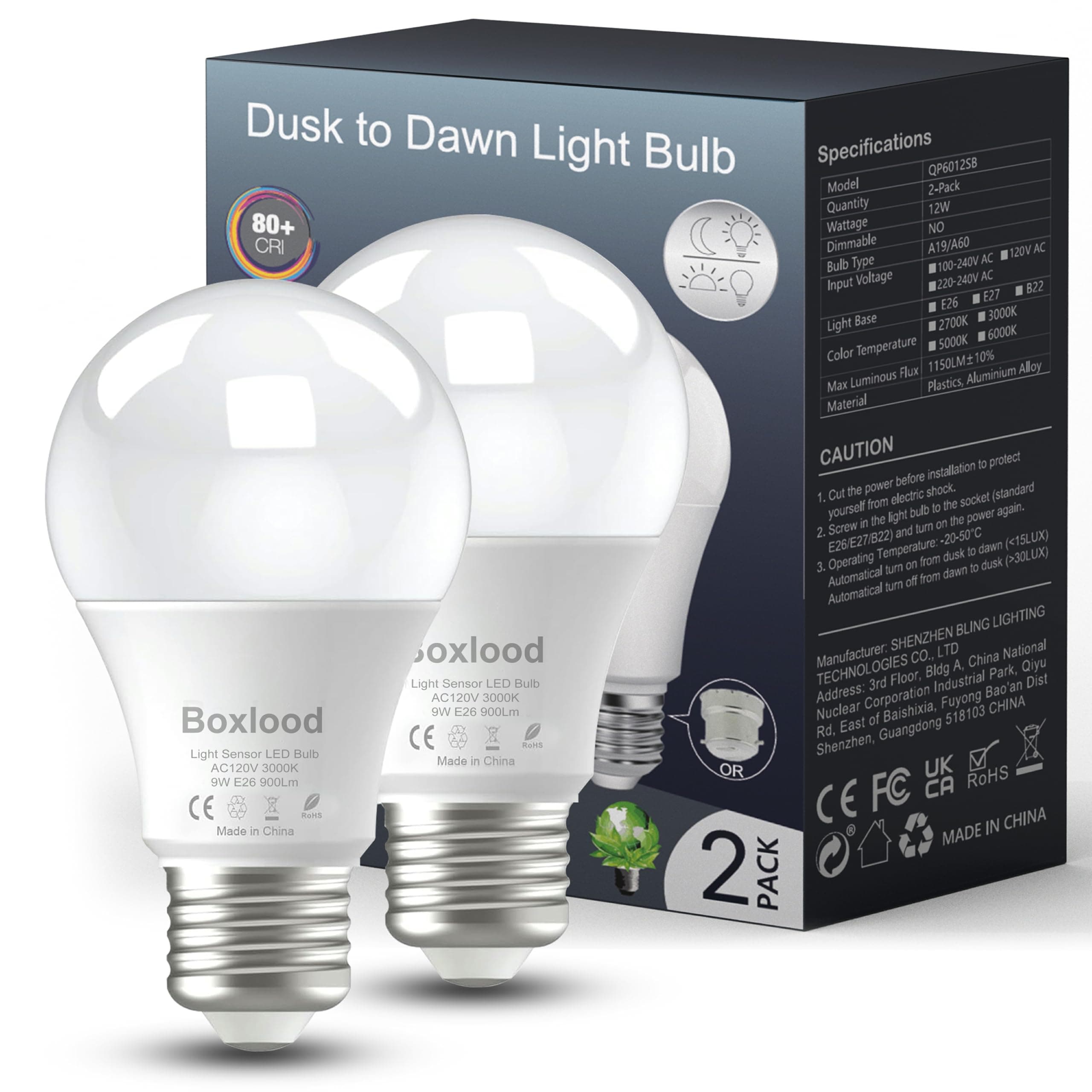 Boxlood Dusk to Dawn LED Outdoor Light Bulbs A19-9W (60W Equivalent), Automatic On/Off Light Sensor Light Security Bulb, 3000K Warm White Ampoule Exterieur for Porch, Garage, Front Door, Yard, 2 Pack