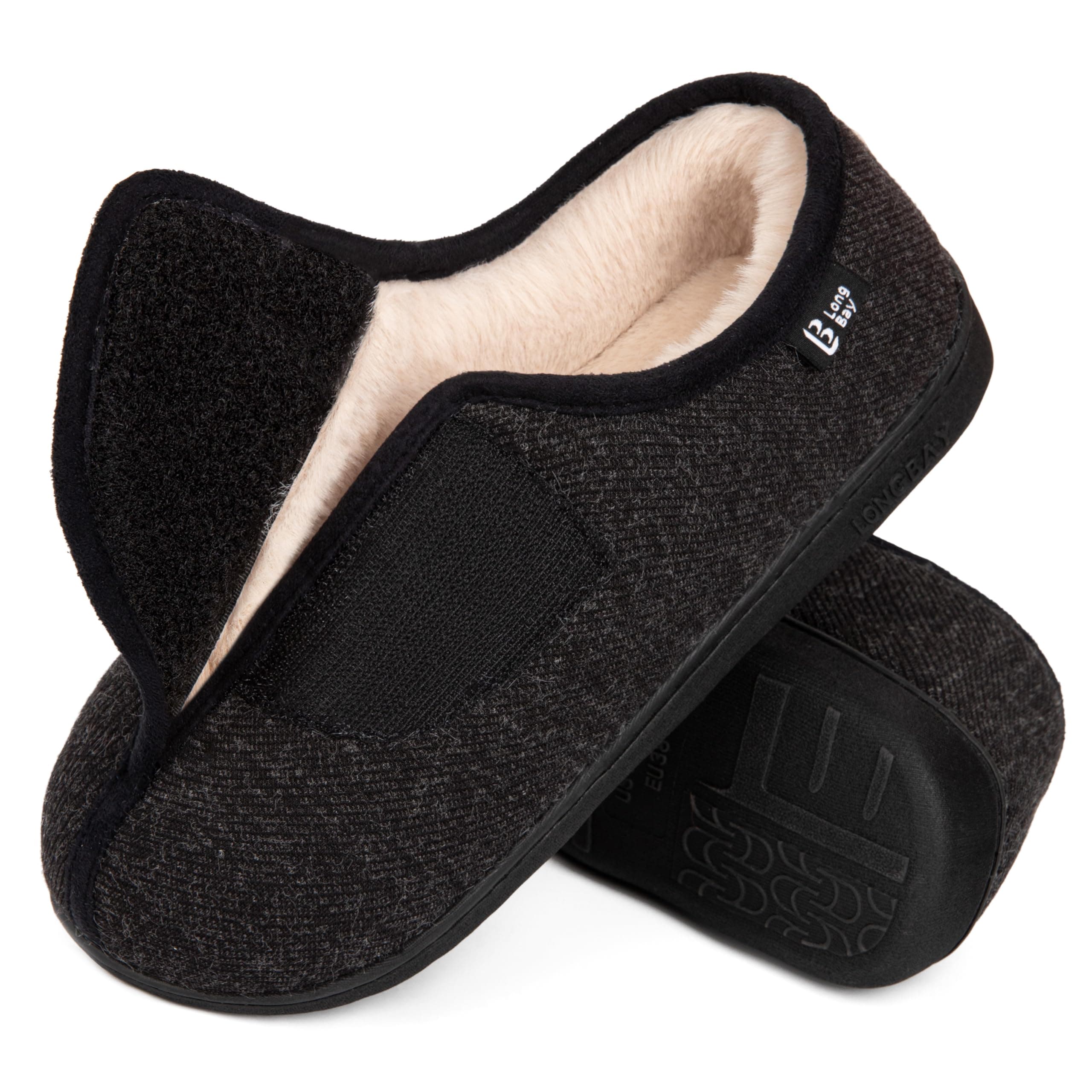 LongBay Women's Wide Fit Memory Foam Slippers Comfy Cozy Arthritis Edema Diabetic House Shoes Black,6