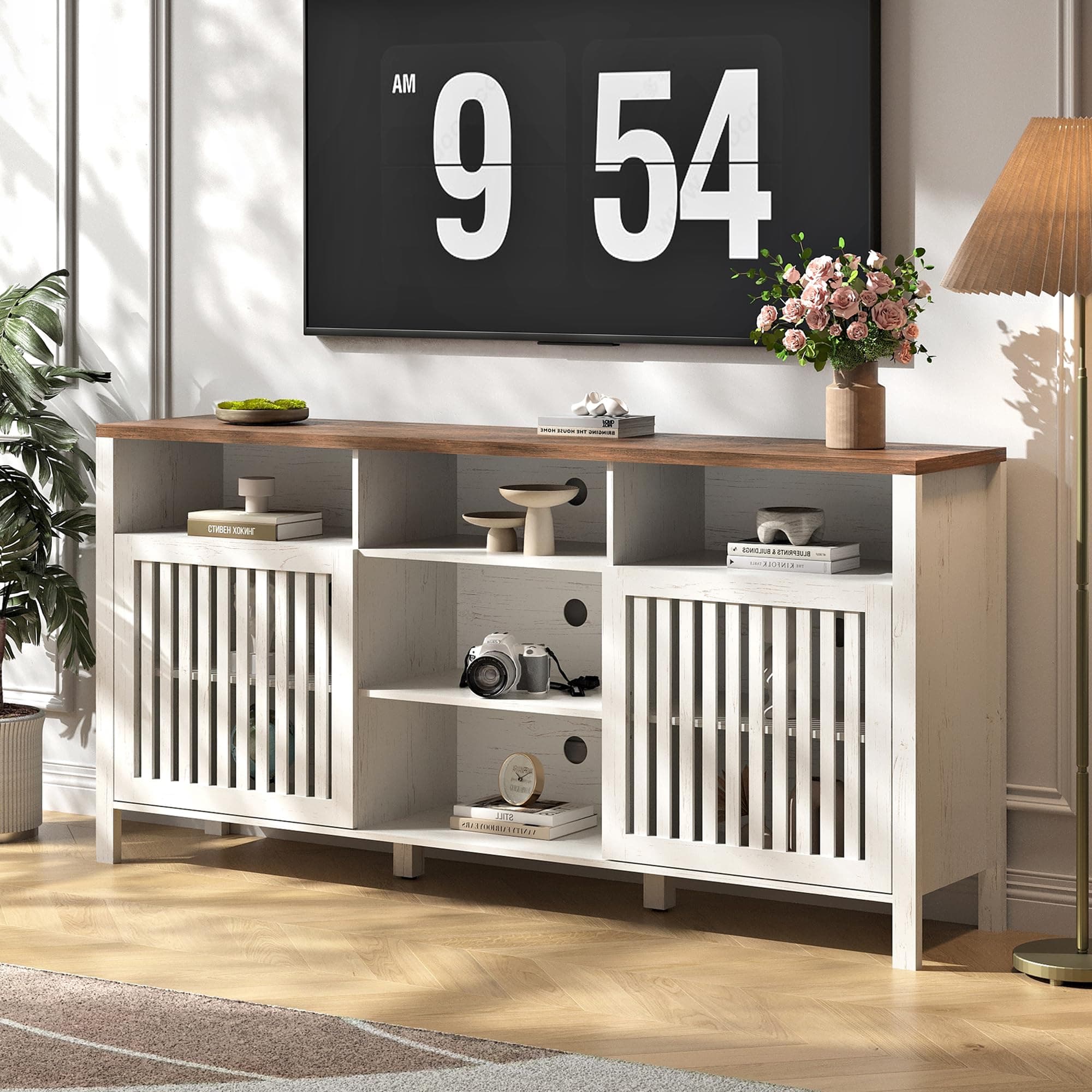 BVIUNTWO Farmhouse White TV Stand with Grille Doors, 5 Open Storage Compartments, 65" Media Console with Adjustable Shelves for Living Room