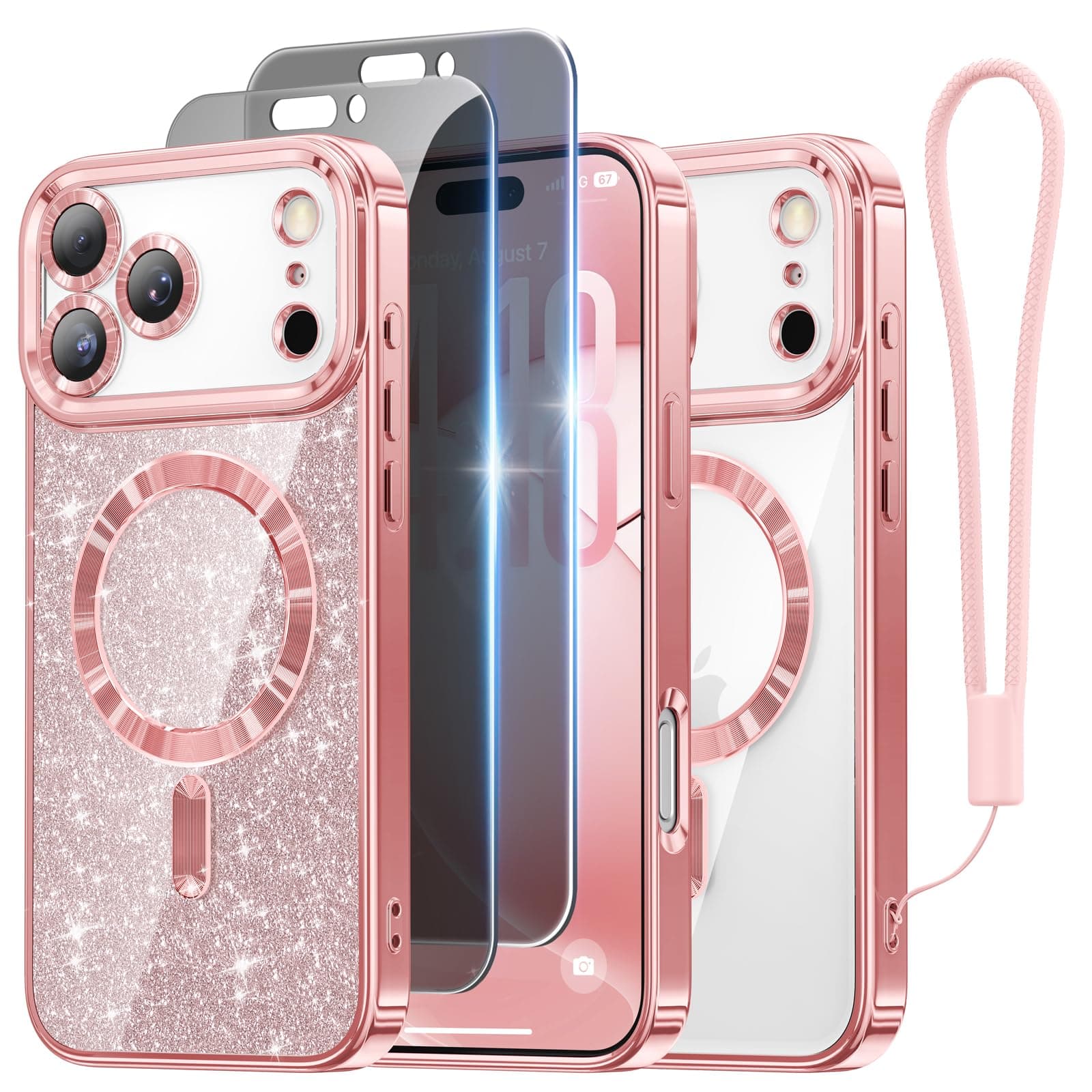 Meifigno Designed for iPhone 17 Pro Case with 2X Privacy Screen Protectors 6.3", [Glitter Card & Wrist Strap] [Compatible with MagSafe] Surround Lens Protection for 17 Pro Phone Case Women, Rose Gold