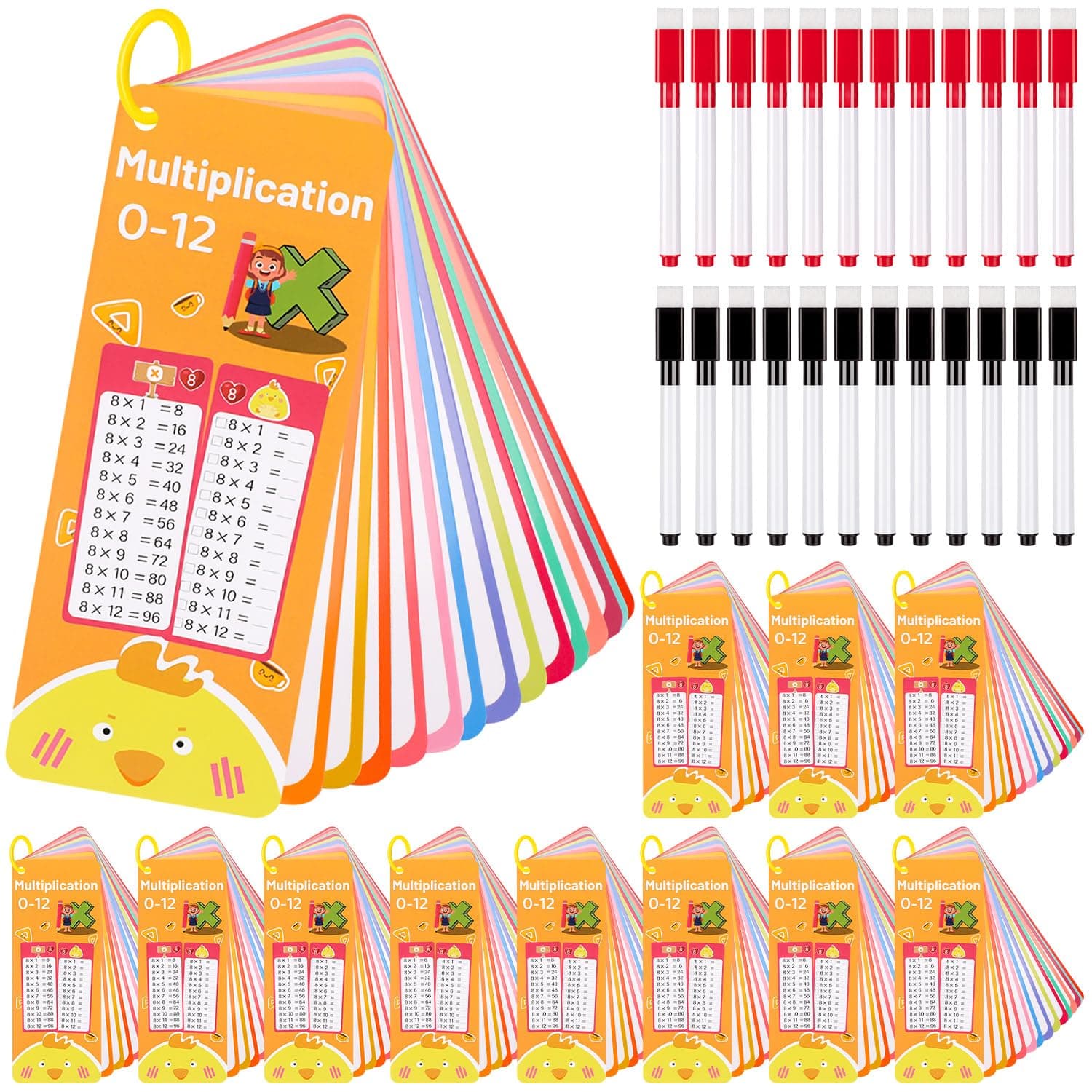 12SET 15Pcs Multiplication Flash Cards, Multiplication Chart 0-12 with 2 Dry Erase Pens 1 Rings, Time Table Flash Cards for 1st to 3rd Grades Fun Learning with Math Game