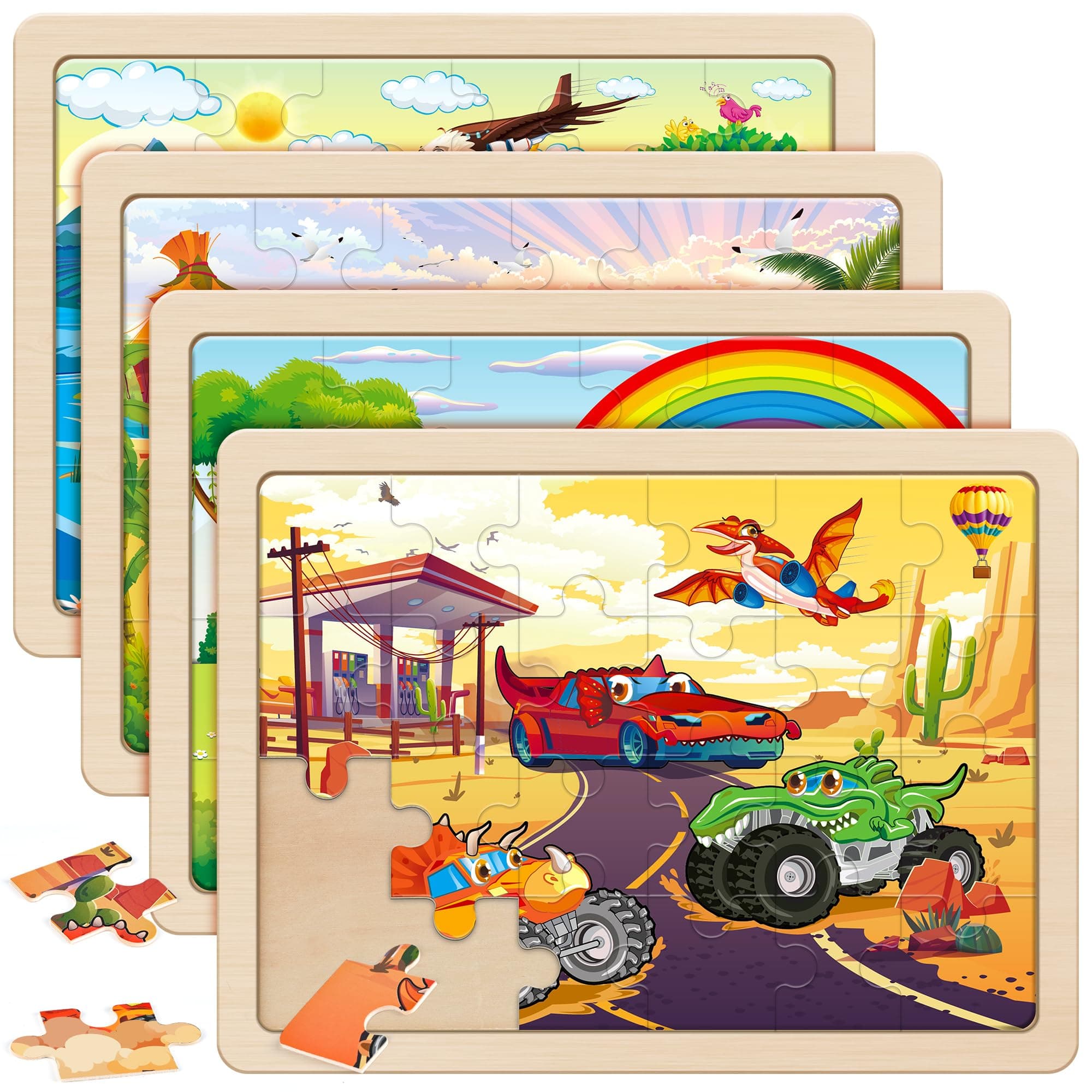 SYNARRY Large Wooden Monster Truck Puzzles for Kids 3-5, 4-in-1 Gift Set
