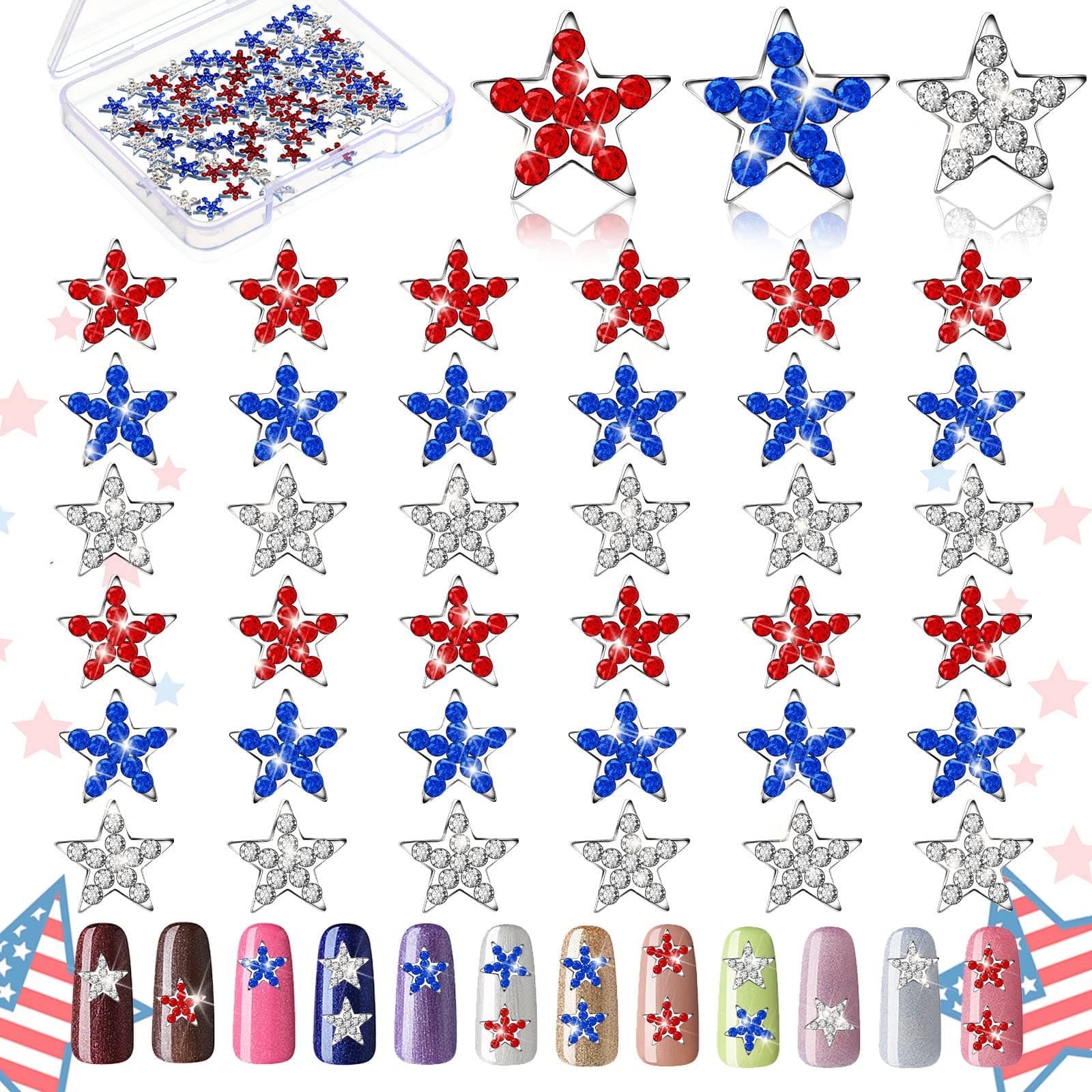 Leelosp 36 Pcs 4th of July Nail Charms for Nails 3D Star Rhinestones Red Silver Blue Star Rhinestones for Women Patriotic Independence Day DIY Nail