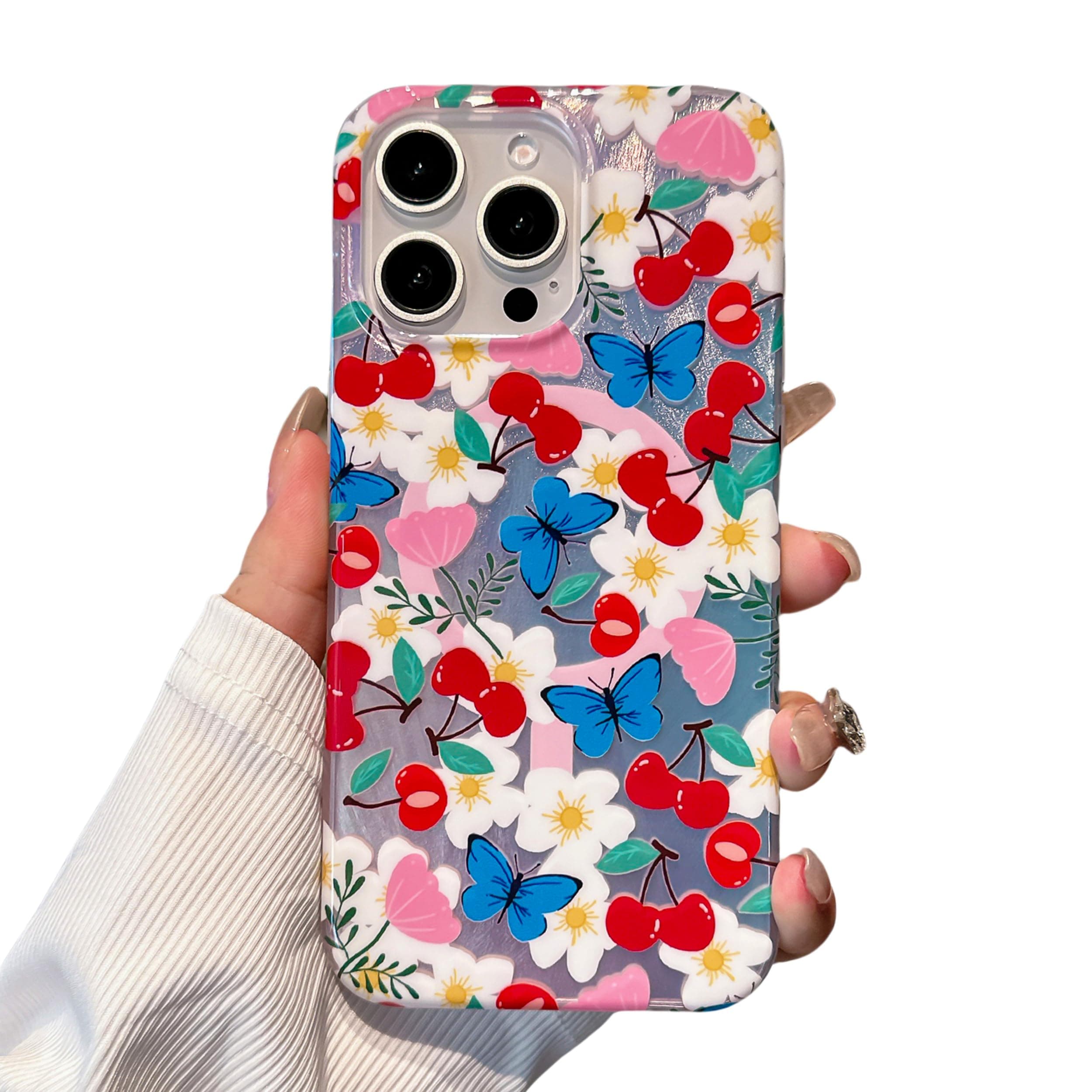 Pretaco Magnetic for iPhone 12 Case,Cute Cherry&Butterfly&Flower Aesthetic [Compatible with Magsafe] [Scratch-Resistant FIM Tech] [Military-Grade Protection] for Women Girl Female