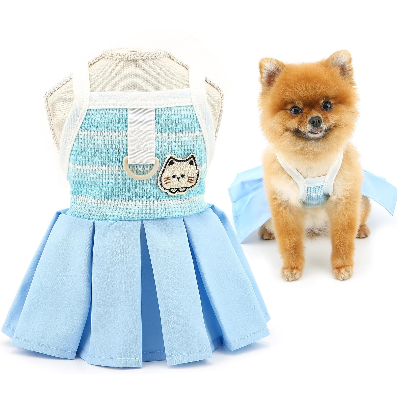 SMALLLEE_LUCKY_STORE Waffle Knitted Dog Dress for Small Dog Striped Pet Pullover Strap Dress with D-Ring Stretchable Summer Clothes Breathable Puppy Skirt Chihuahua Yorkie Cat Apparel, Blue, XXL