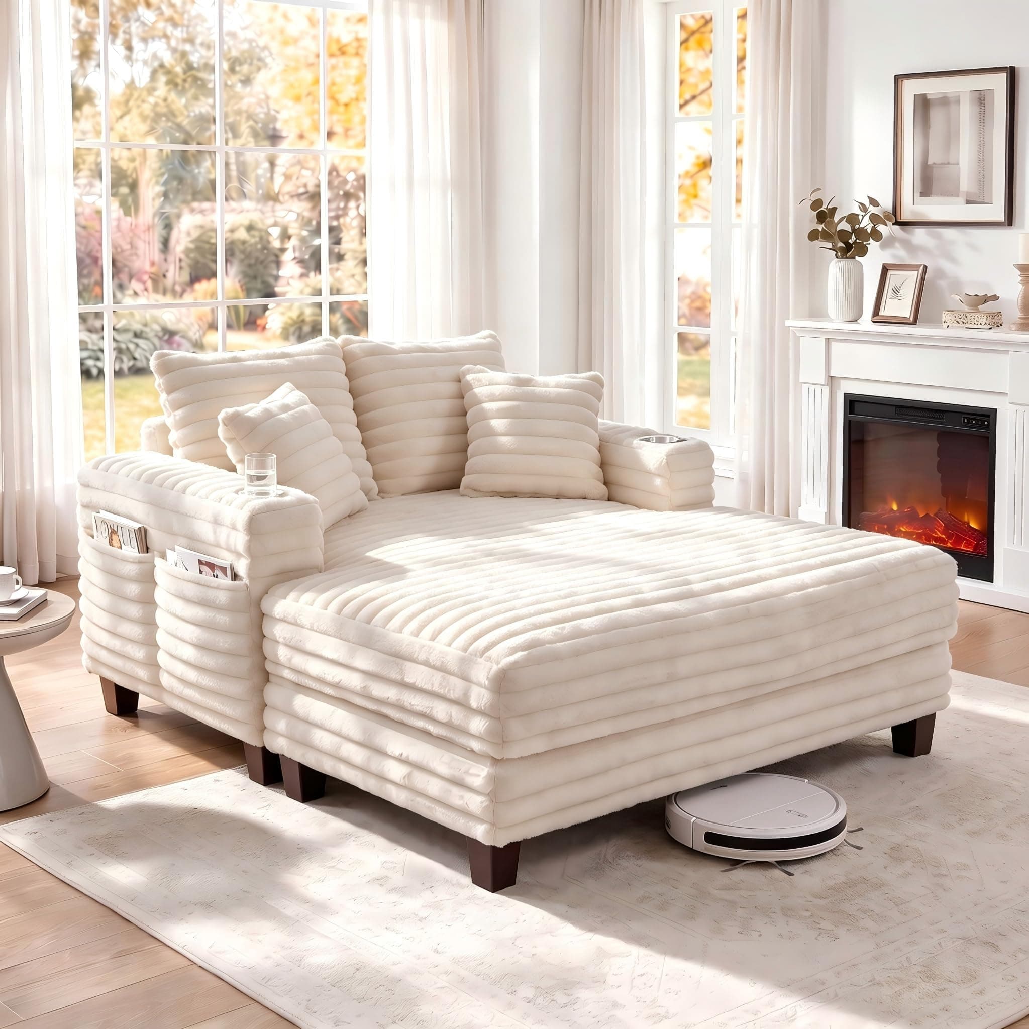 Amsleekey 64" Oversized Chaise Lounge Chair with Wood Frame, 2 Cup Holders