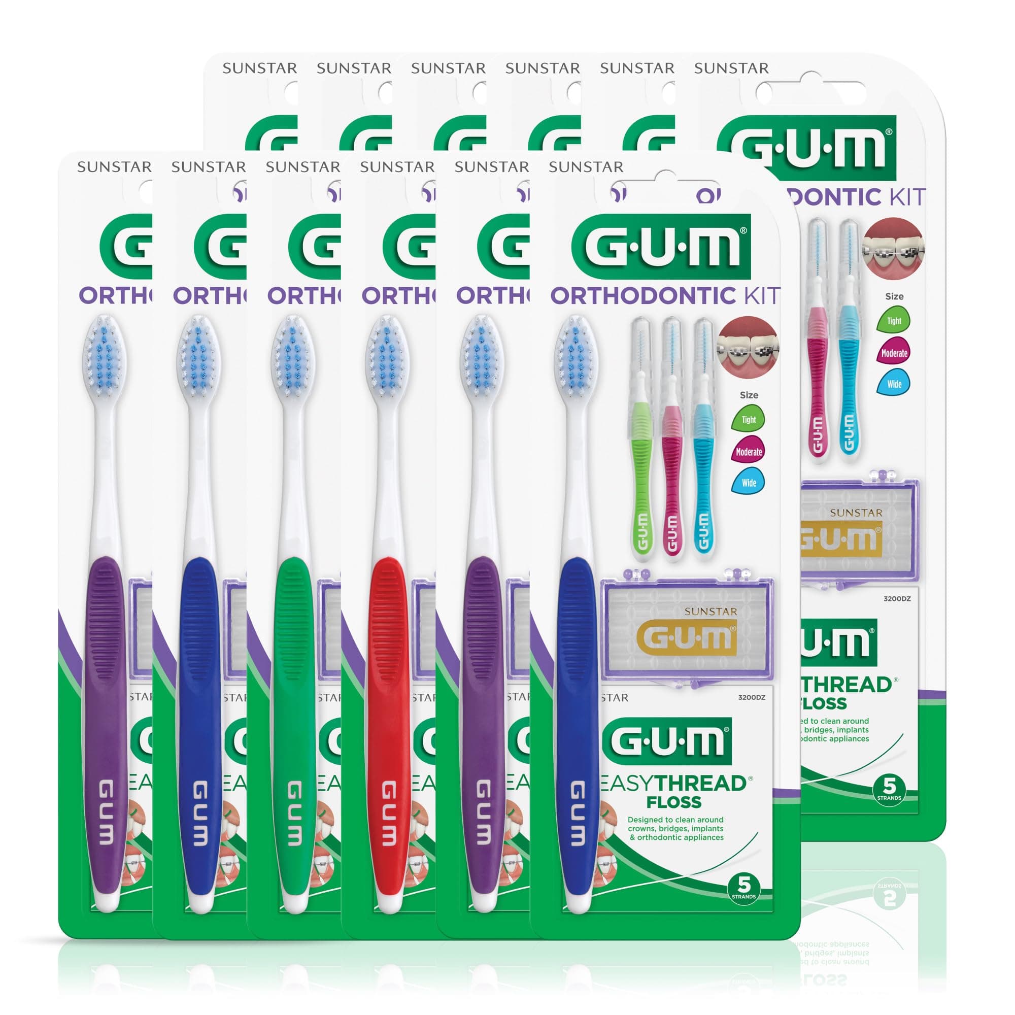 GUM Orthodontic Kit, 124PQ, Features Orthodontic Toothbrush, 3 Proxabrush Sizes and Shred-Resistant EasyThread Floss, and Mint Ortho Wax, Professional Sample (Pack of 12)