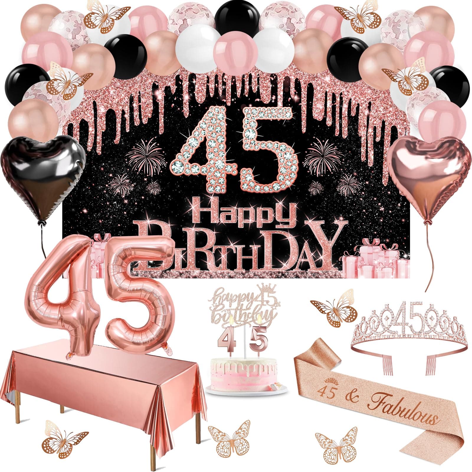 Juesly 45th Birthday Decorations for Women Rose Gold Black 49pcs