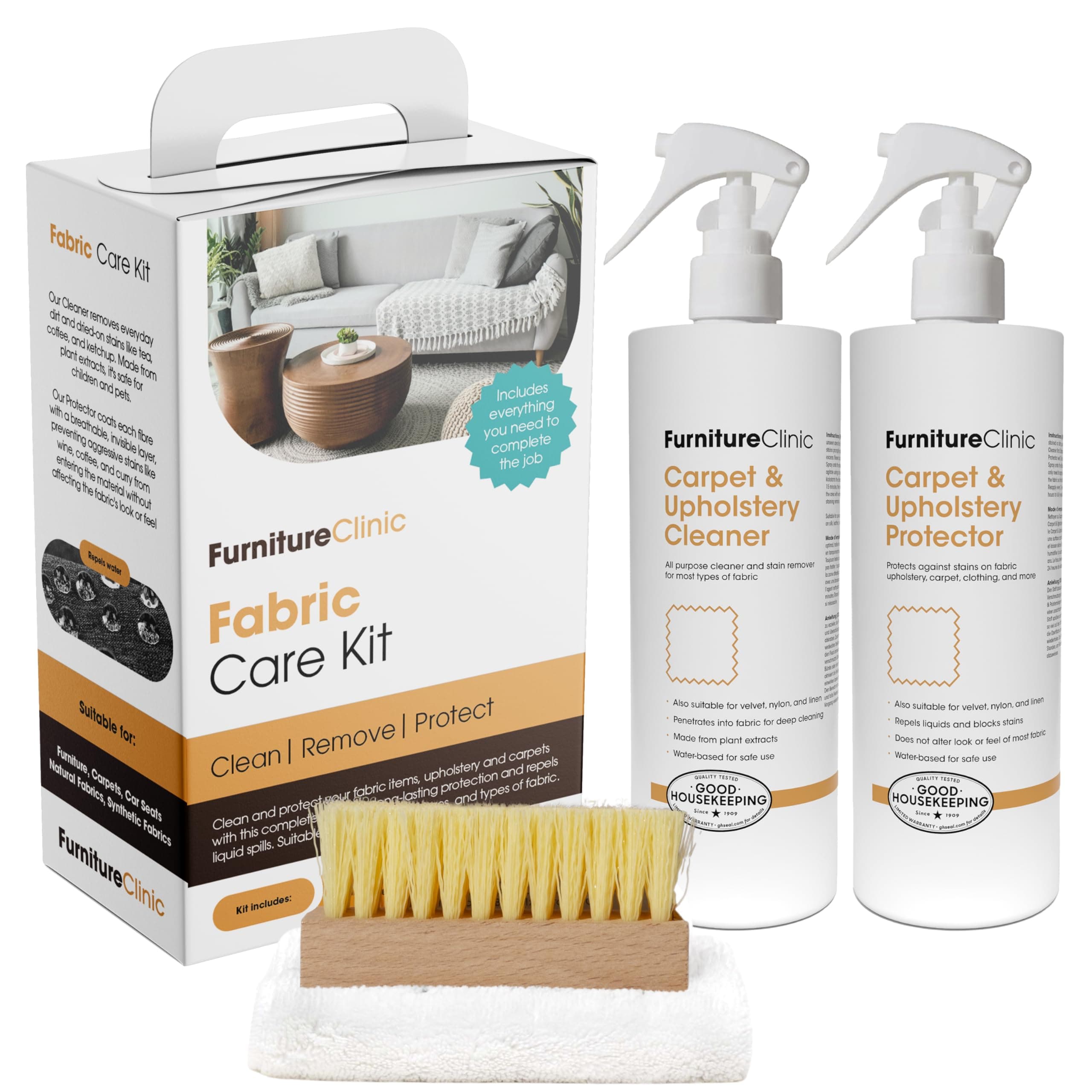 Furniture Clinic Fabric Care Kit | Clean, Protect, & Prevent All Liquid Stains, Odors, and Dirt for Upholstery, Carpet, Furniture, Fabric, Textiles | Contains Cleaner and Protector Sprays