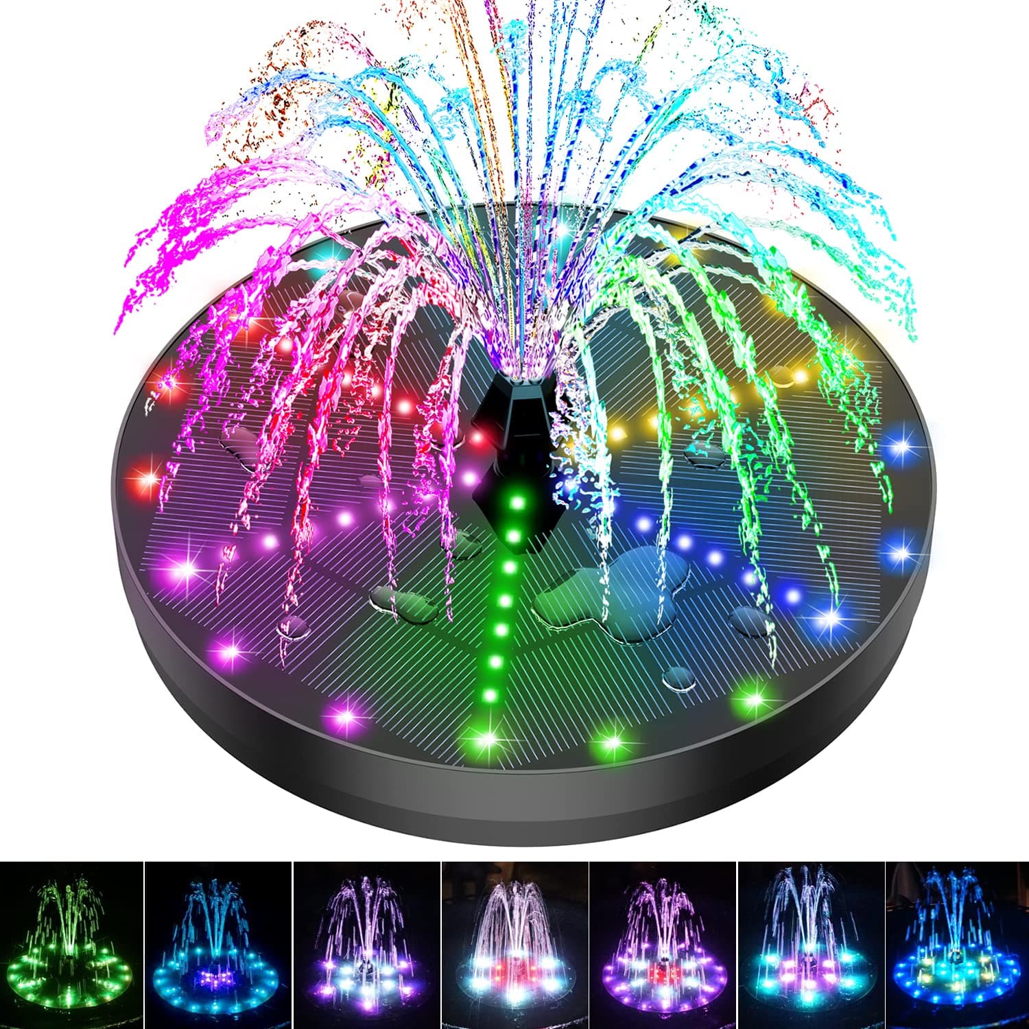 GAIZERL Solar Bird Bath Fountains Upgraded, 4W Solar Powered Water Fountain Pump with 4000 Battery, 7 Nozzles & 4 Fixers, Colorful LED Lights for Garden, Swimming Pool, Pond, and Outdoor Decor
