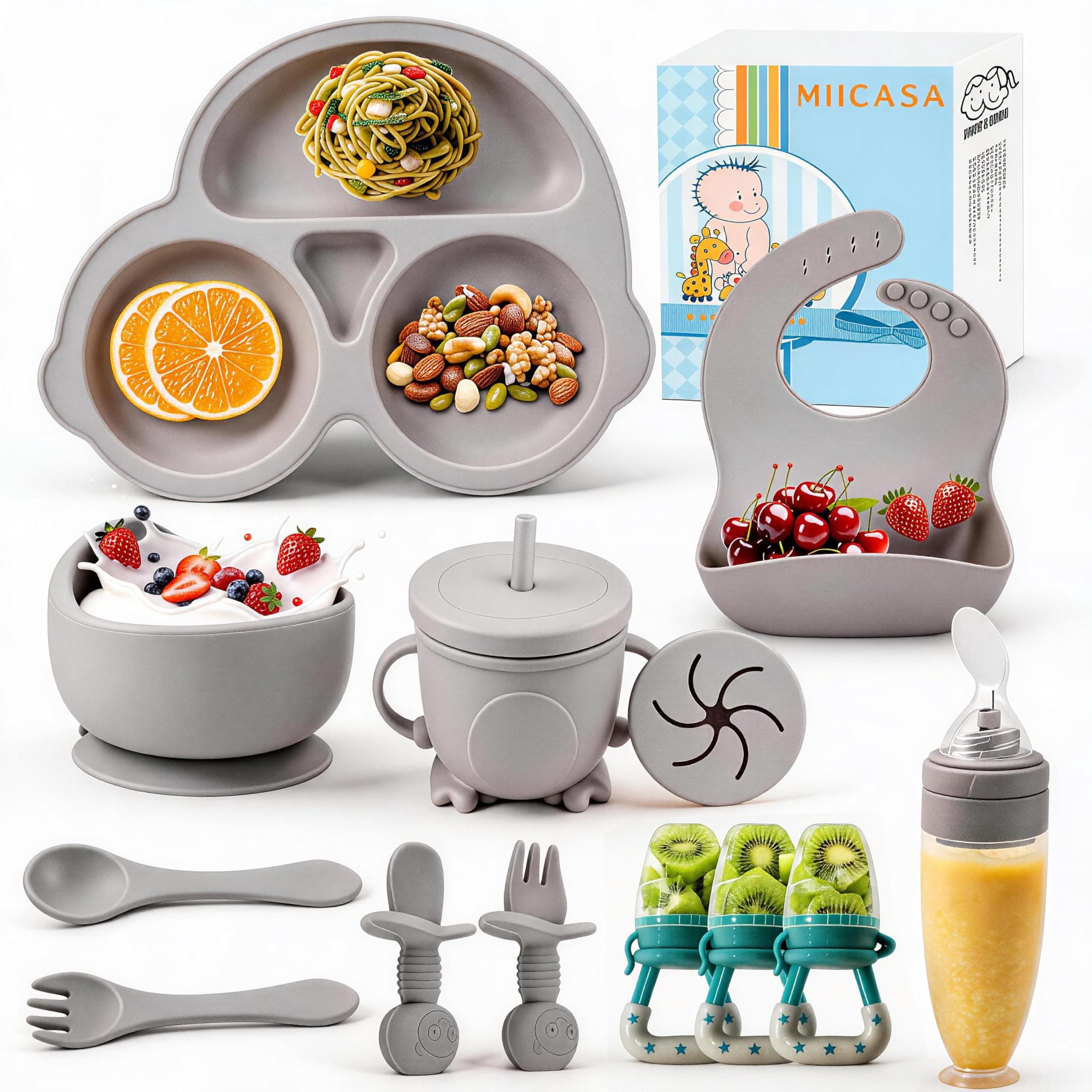 MIICASA Silicone Baby Feeding Set, Baby Led Weaning Supplies Kit With Suction Bowl & Car Plate, Bib, Spoon, Fork, Cup - Food-Grade Silicone, Dishwasher-Safe, No BPAs - For 3+ Months
