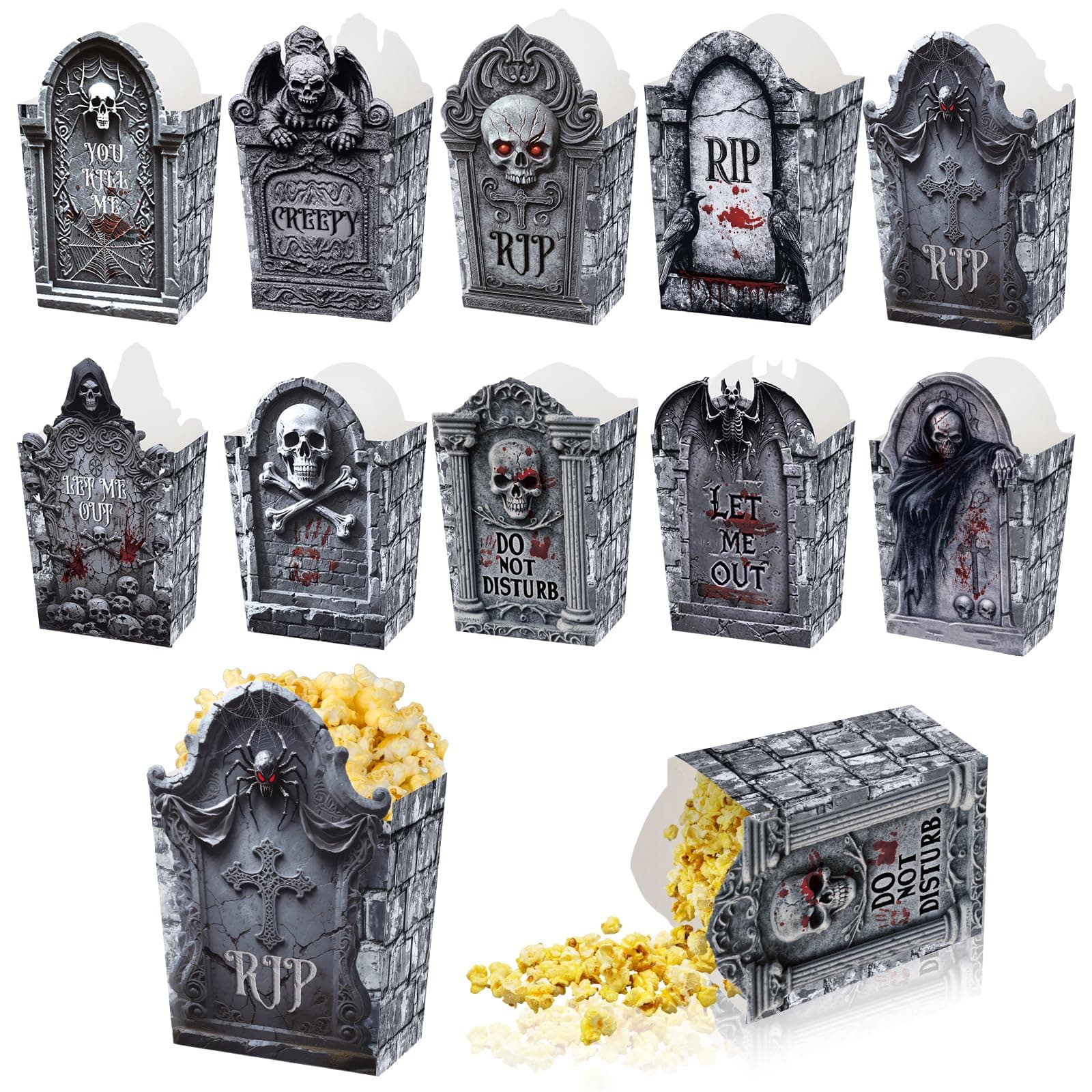 50pcs Halloween Popcorn Boxes Tombstone Cardboard Popcorn Bags Tombstone Snack Boxes Spooky Treat Bags for Candy Biscuits Halloween Trick or Treat Party Favor Supplies