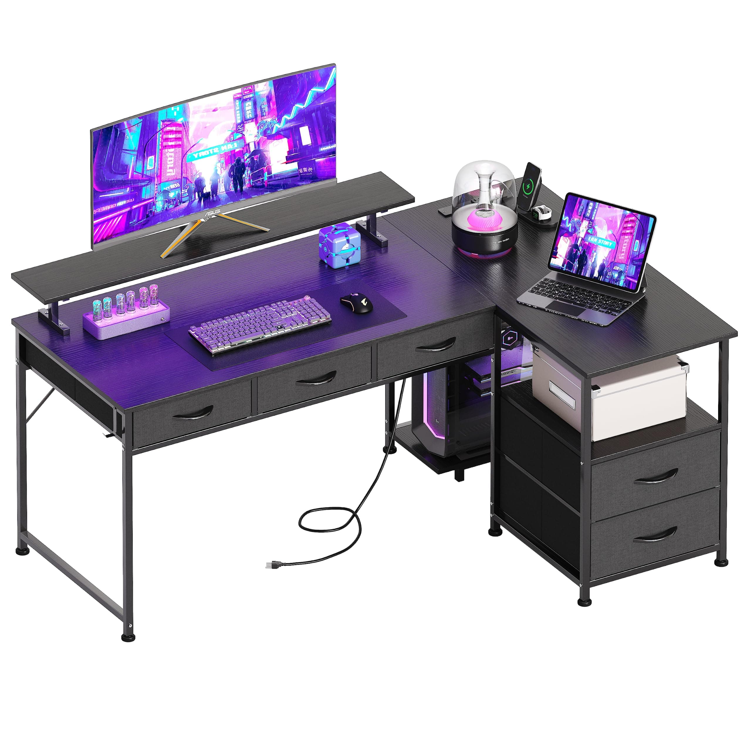 Mexin 55 Inch L Shaped Gaming Desk with 5 Fabric Drawers, Reversible Office Desk with Power Outlets & Monitor Stand, Computer Desk with LED Light Strip, Corner Desk, Black