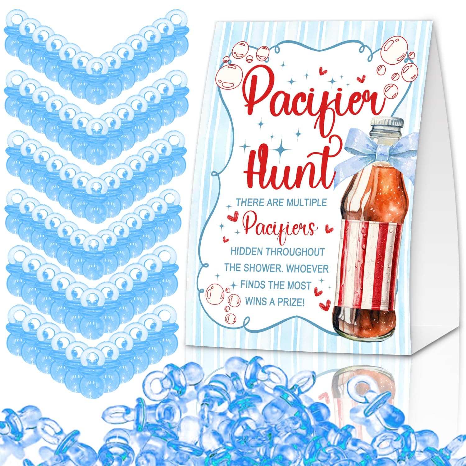 Pacifier Hunt Baby Shower Game - "She's Ready to Pop" Blue Soda Bow Sign with 50 Plastic Pacifiers, Gender Reveal Party Favor Supplies, Blue Party Decor (51 Pcs)
