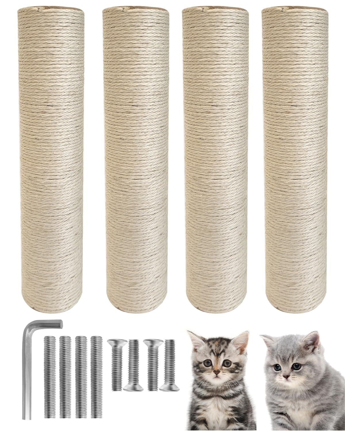 TIMHAKA 4 PCS M8 Cat Scratching Post Replacement, 15.7 x 3.3 inch Sisal Pole Cat Tree Replacement Post with Screws, Refill Sisal Rope Scratcher Posts for Indoor Tree Tower Cat Furniture Protector