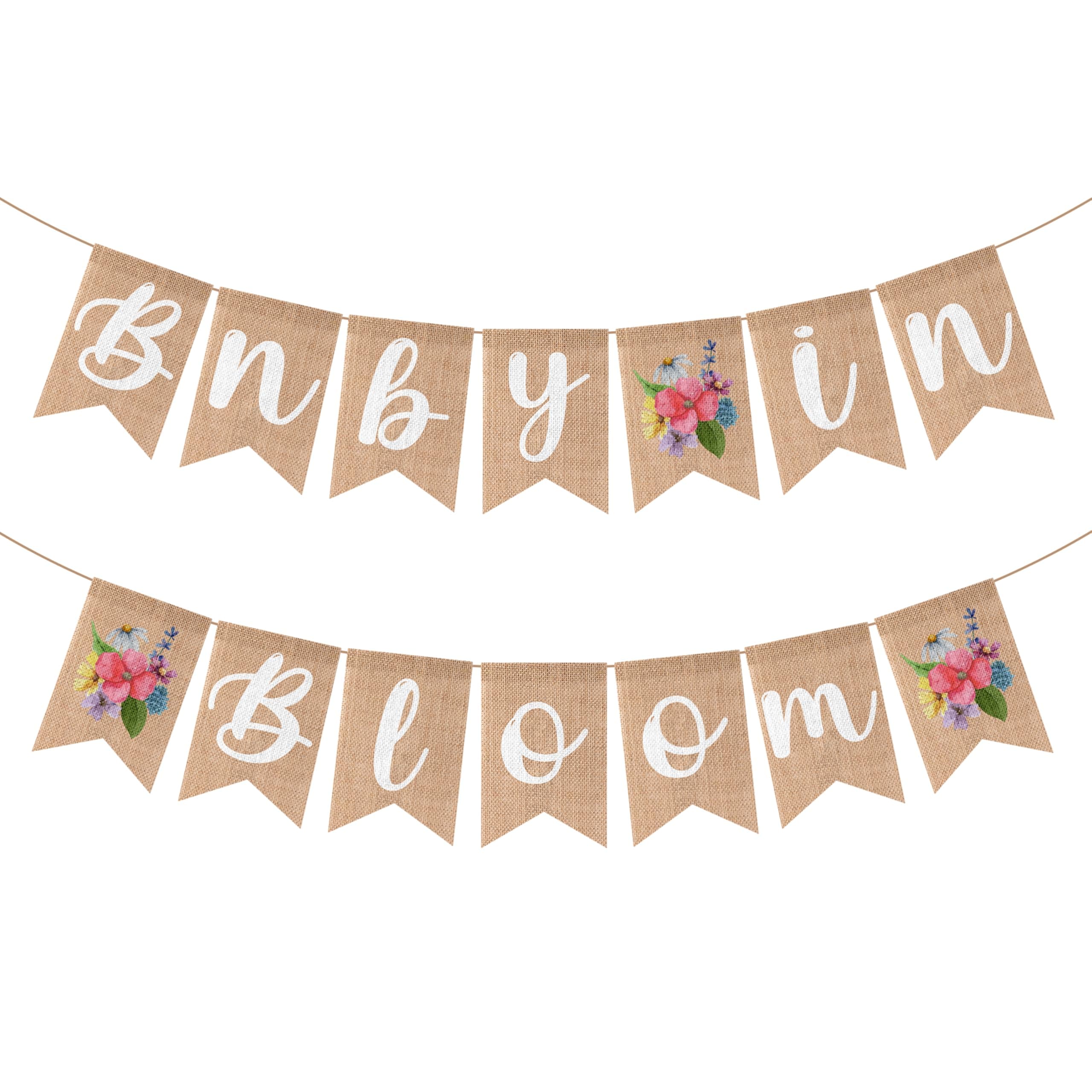 ANGOLIO 2Pcs Floral Baby in Bloom Burlap Banner with Wildflower Garland for Gender Reveal Decorations Boy Girl Baby Shower Hanging Decoration