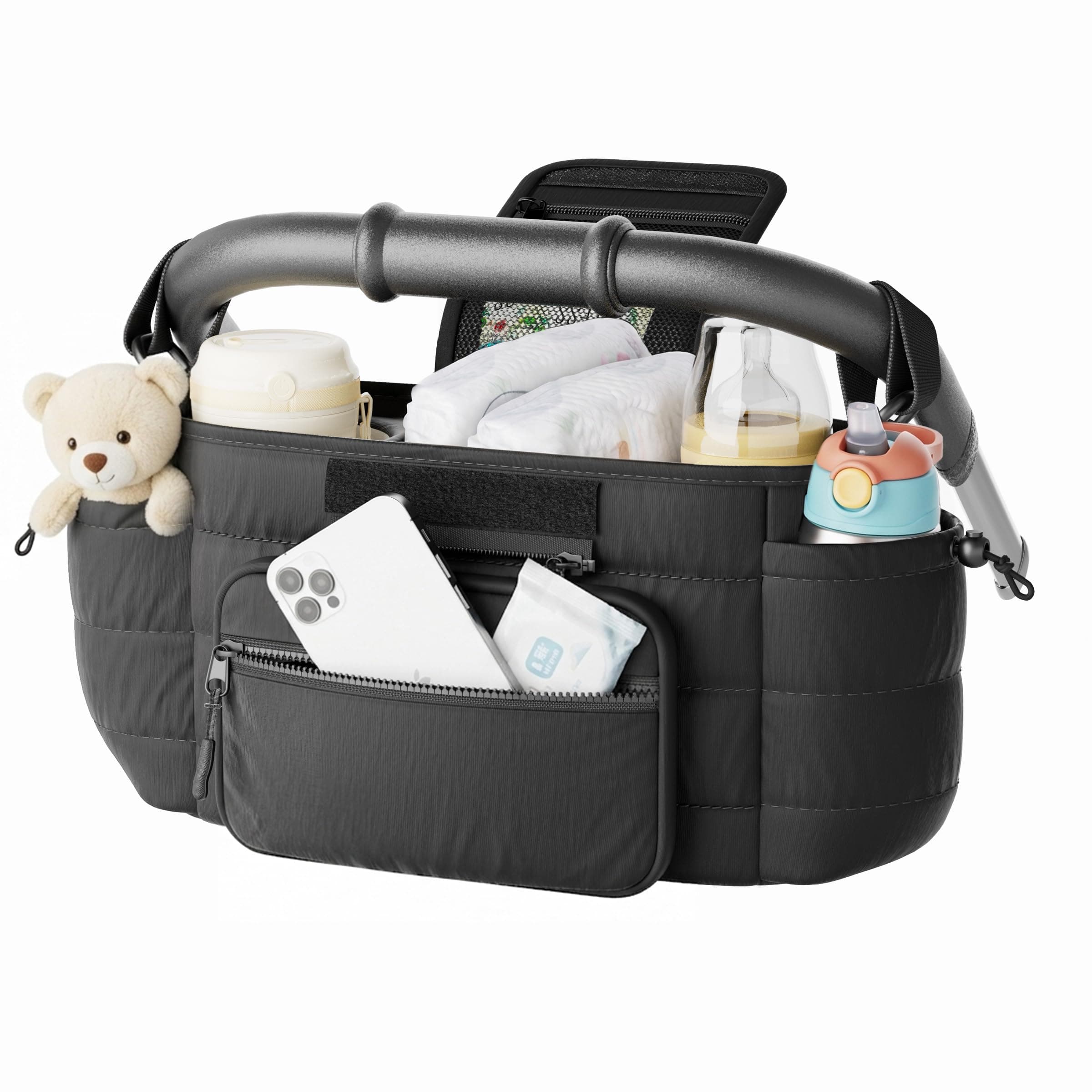Seeseven Stroller Caddy with Cup Holder & Detachable Phone Bag, Black