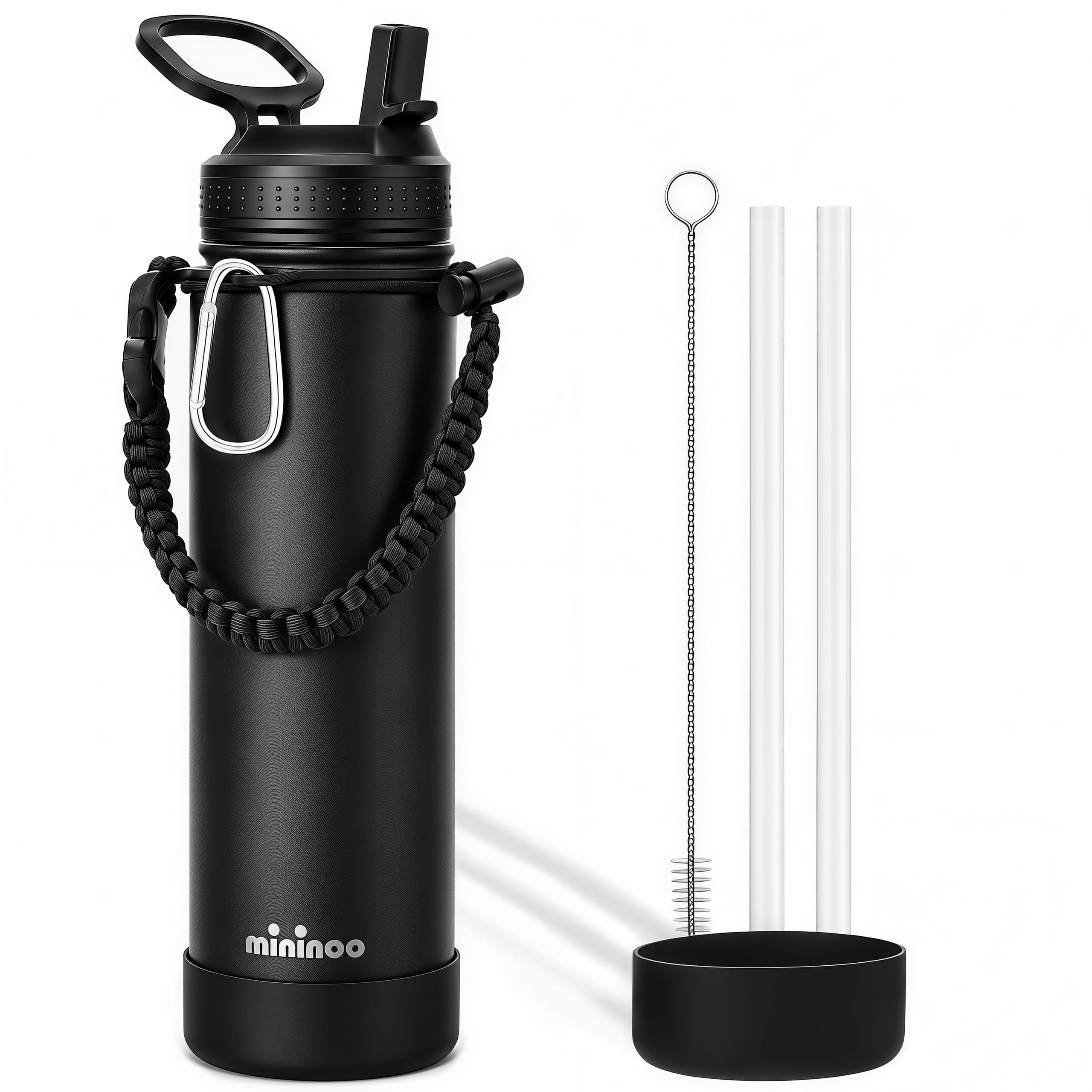 mininoo 24 oz Insulated Water Bottle with Straw, Stainless Steel Double Wall Vacuum with Straw Lid, Leak Proof, BPA Free, Keep Cold for 24H & Hot for 12H, Midnight Black