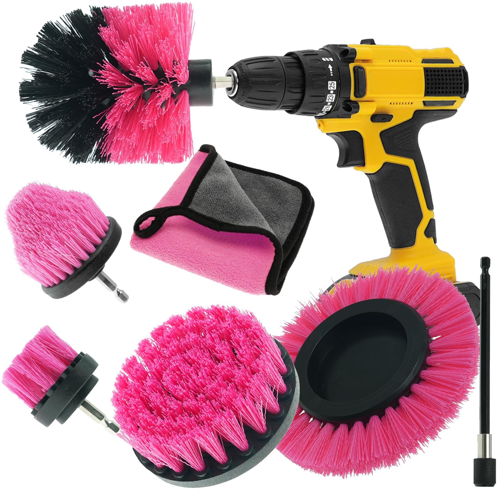 Sayutie 7pcs Drill Brush Attachment Power Scrubber Cleaning Brush Grout Cleaner Brush All Purpose Drill Brush Set for Grout, Floor, Tub, Shower, Tile, Bathroom and Kitchen Surface (Pink)