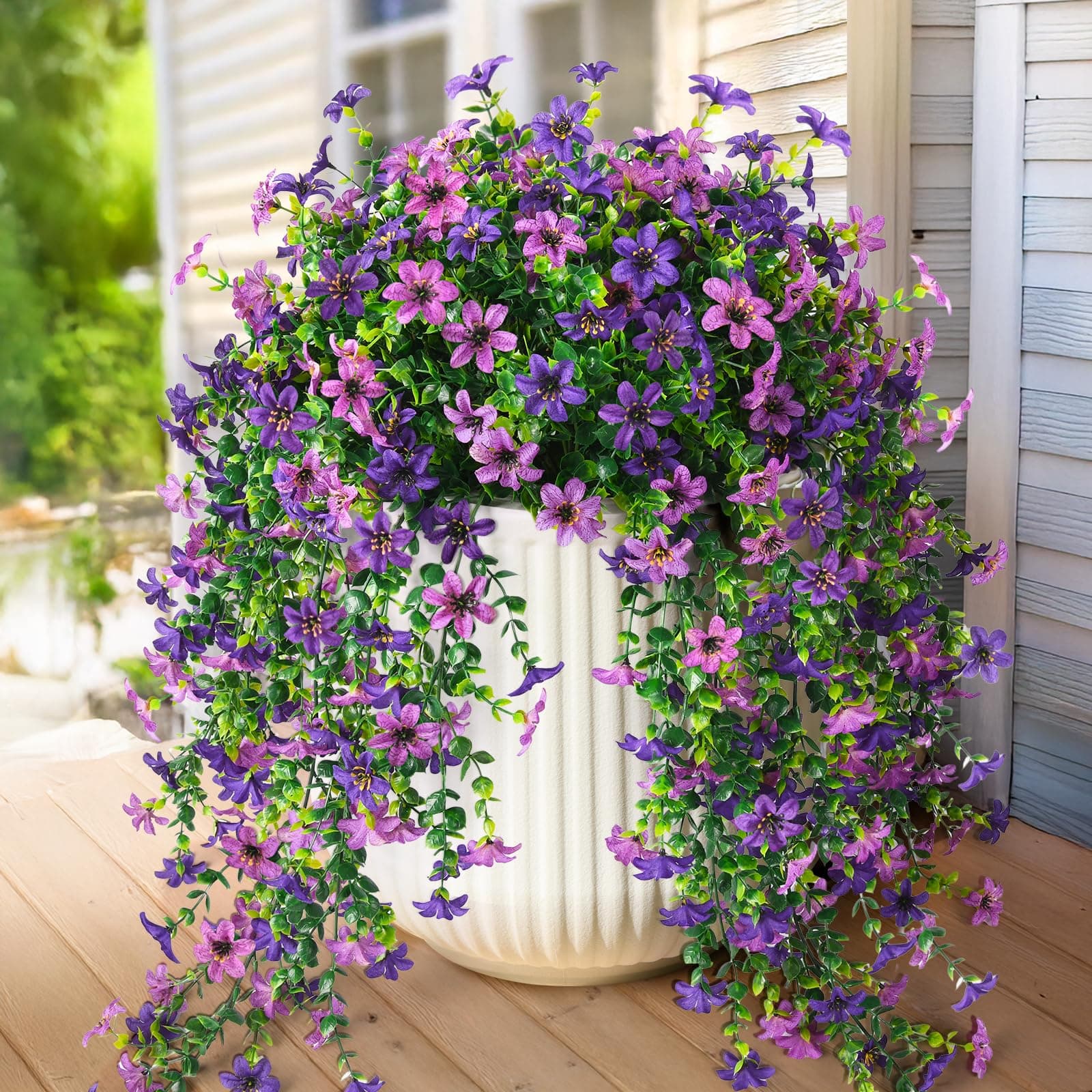Artificial Fake Hanging Flowers Plants for Outdoor Spring Summer Decoration,2 PCS Faux Silk Daisy with Eucalyptus Leaves,UV Resistant Look Real for Outside Home Planter Porch Patio Balcony Yard Decor
