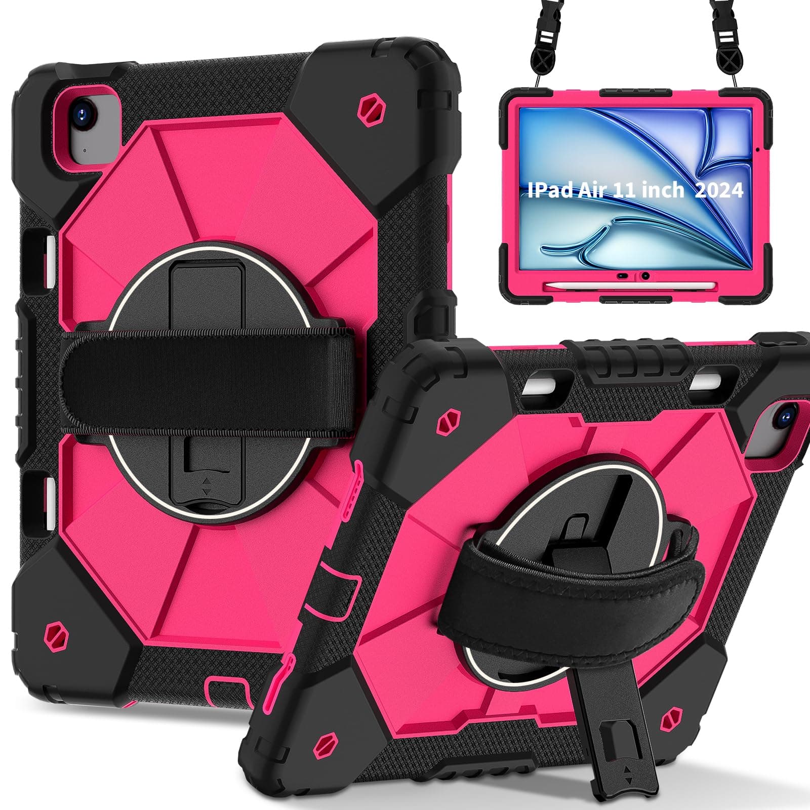 Meifei Tablet case for iPad Air 11 inch M2 2024, Tablet case for iPad Air 6th Generation(A2902 A2903 A2904), Hand Strap Shockproof Protective with 360° Rotate Kickstand Shoulder, Black/Rose Red
