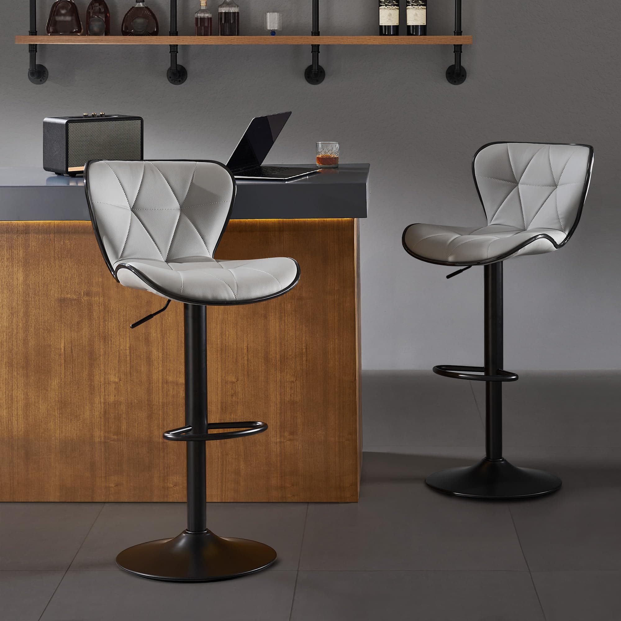 Nestvatto Bar Stools Set of 2, Modern Swivel Counter Height Bar Stools, Adjustable Leather Bar Chairs with Backrest, Upholstered Armless Bar Height Stools, Island Chairs for Kitchen Counter, Lightgrey