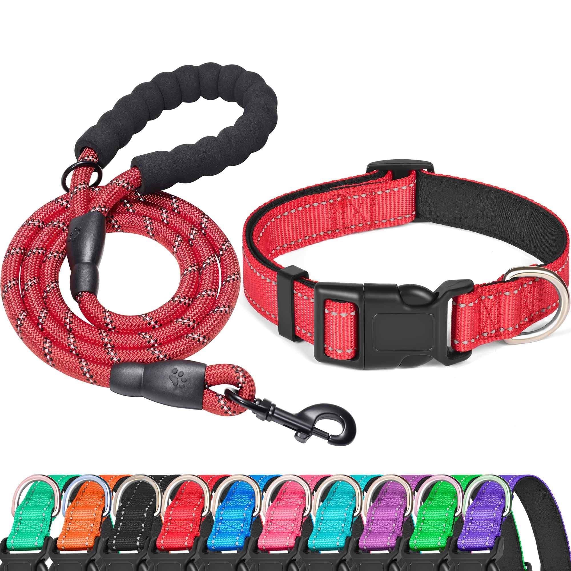 Ladoogo Reflective Dog Collar Padded with Soft Neoprene Breathable Adjustable Nylon Dog Collars for Small Medium Large Dogs (Large (Pack of 1), Red Collar+Leash)