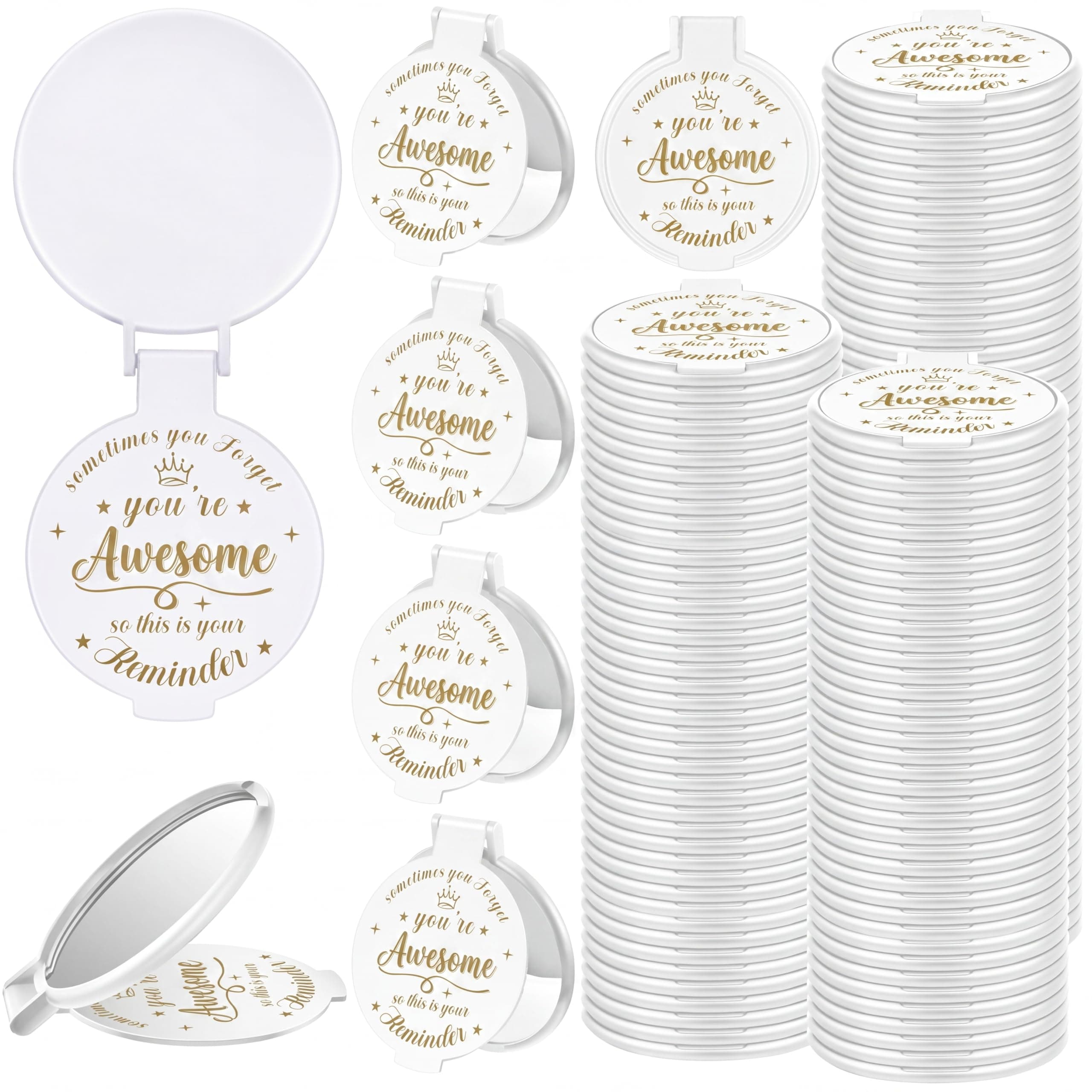 Gulfmew 100 Pcs 3 Inch Motivational Compact Mirrors Small Gifts for Women Graduation Mother's Day Favors Handbag Mirror Bag Mini Items for Adults Colleagues Cheerleader Swag