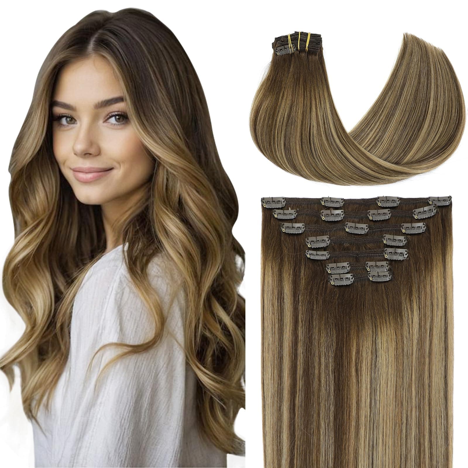 VINBAO Clip in Hair Extensions Human Hair 140g 16in Brown Blonde #4/27/4